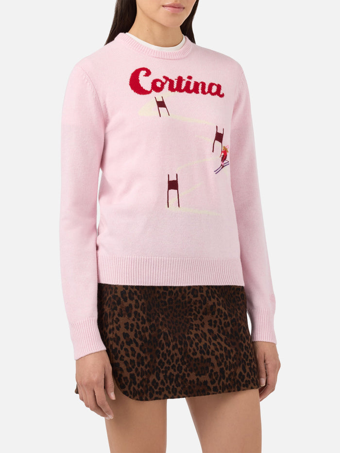 New Queen Cashmere-Blend Sweater Pink With Cortina Postcard Jacquard