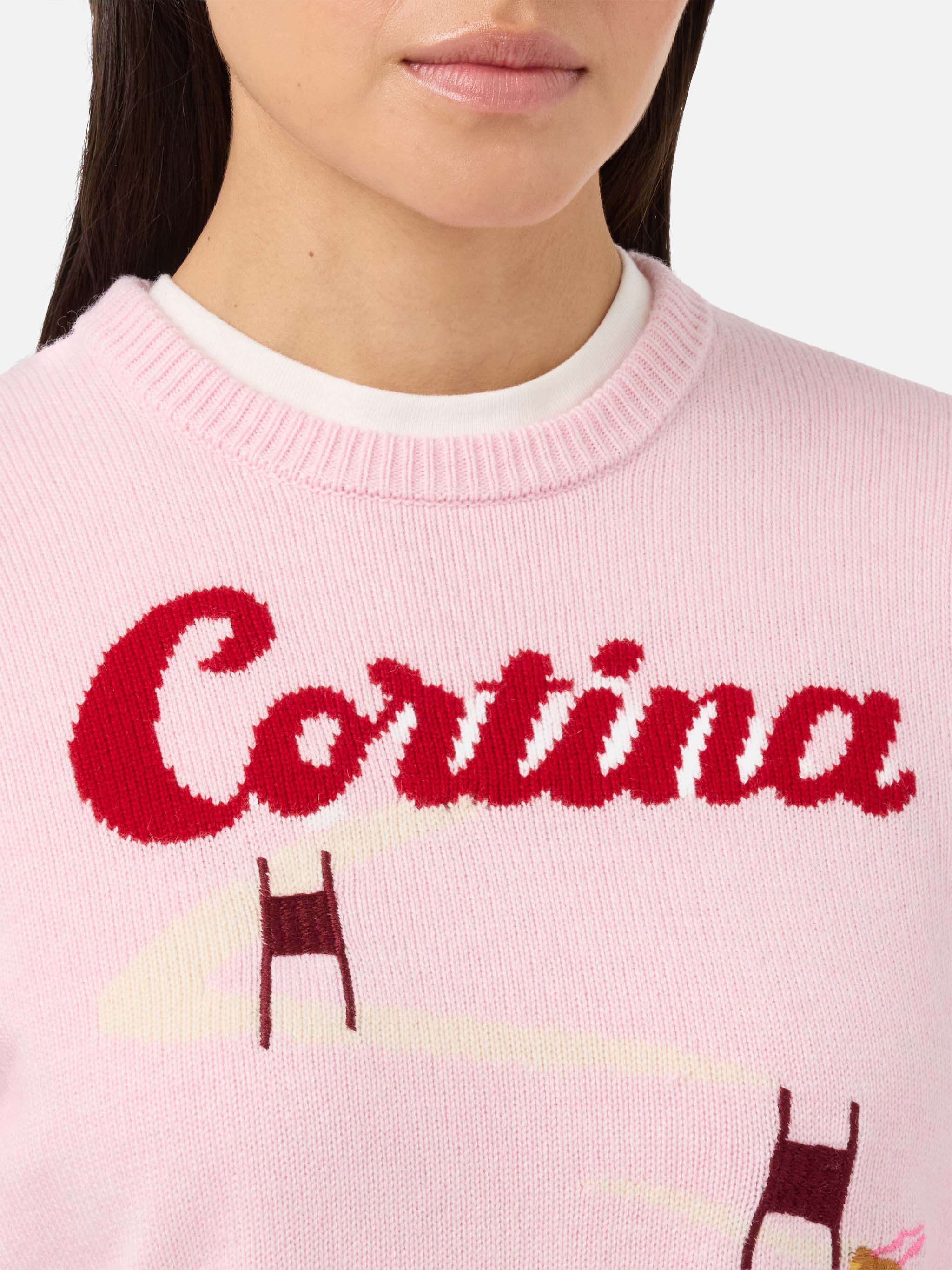 New Queen Cashmere-Blend Sweater Pink With Cortina Postcard Jacquard