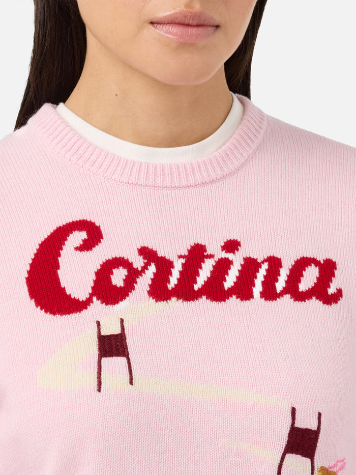 New Queen Cashmere-Blend Sweater Pink With Cortina Postcard Jacquard