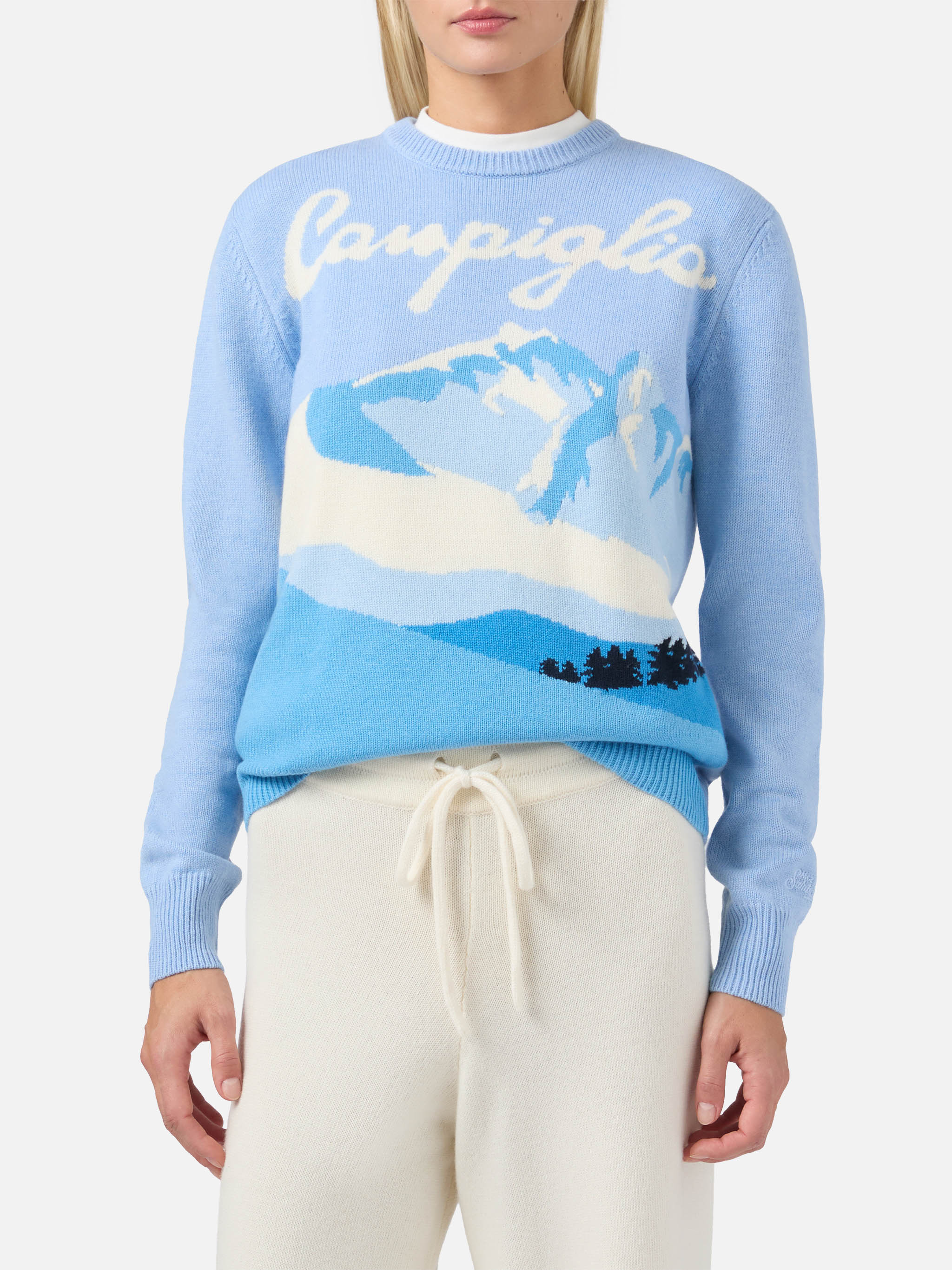 New Queen Cashmere-Blend Sweater Light Blue With Campiglio Postcard Jacquard