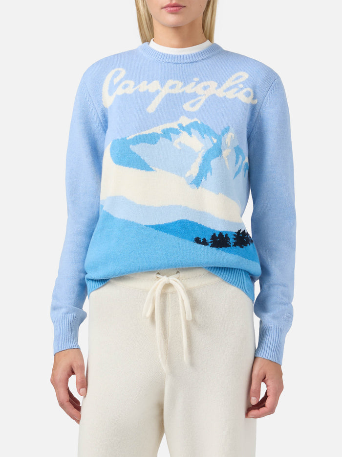 New Queen Cashmere-Blend Sweater Light Blue With Campiglio Postcard Jacquard