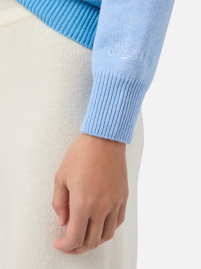 New Queen Cashmere-Blend Sweater Light Blue With Campiglio Postcard Jacquard