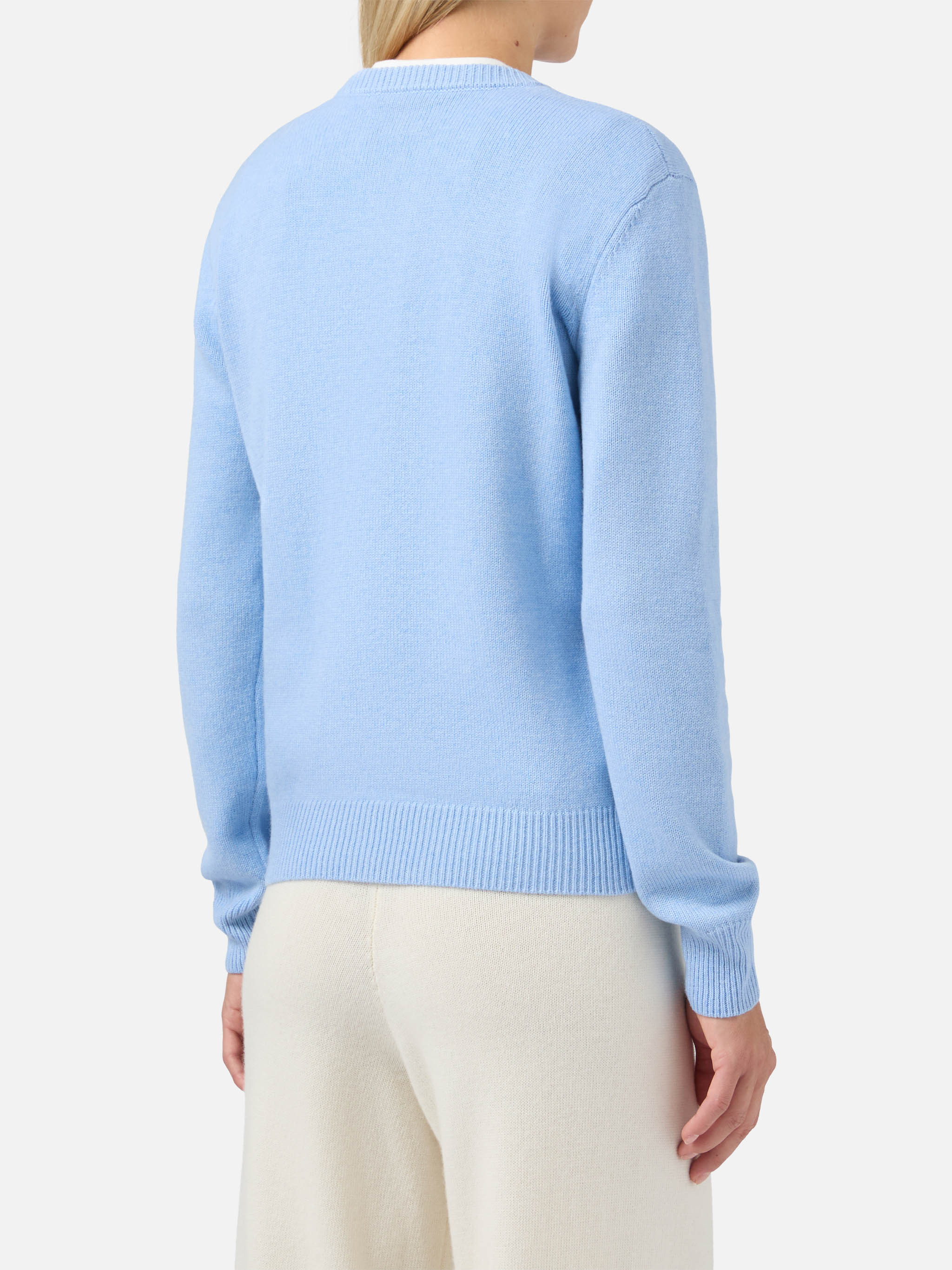 New Queen Cashmere-Blend Sweater Light Blue With Campiglio Postcard Jacquard