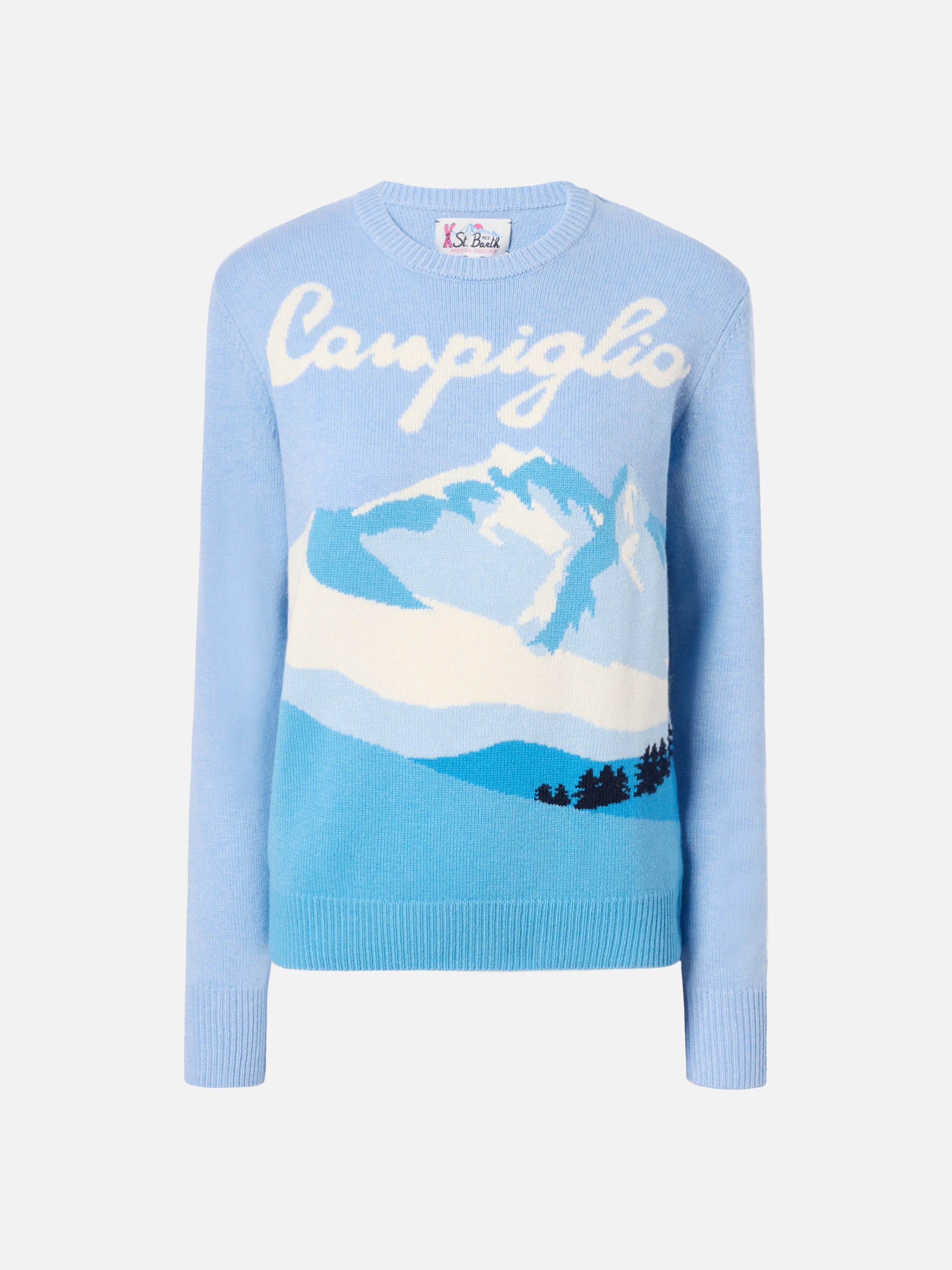 New Queen Cashmere-Blend Sweater Light Blue With Campiglio Postcard Jacquard
