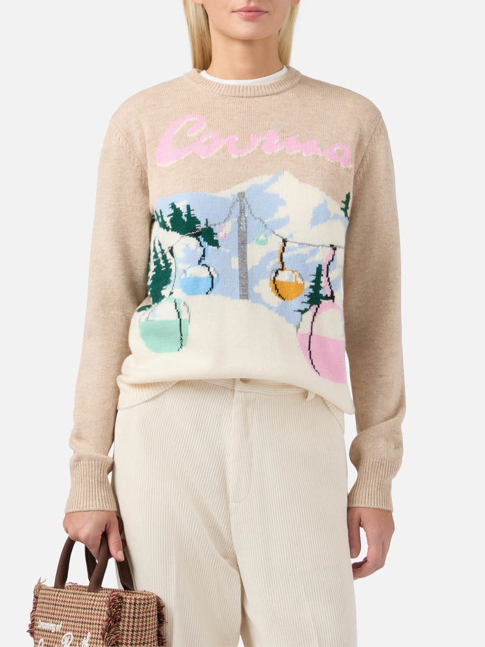 New Queen Cashmere-Blend Sweater Beige With Courma Postcard Jacquard Brown