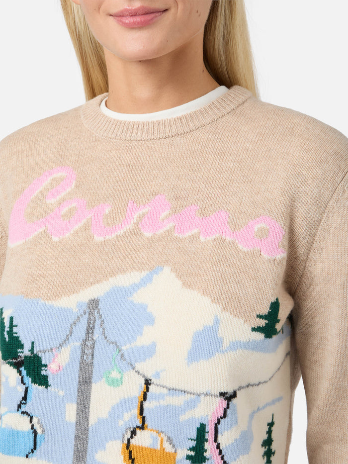 New Queen Cashmere-Blend Sweater Beige With Courma Postcard Jacquard Brown