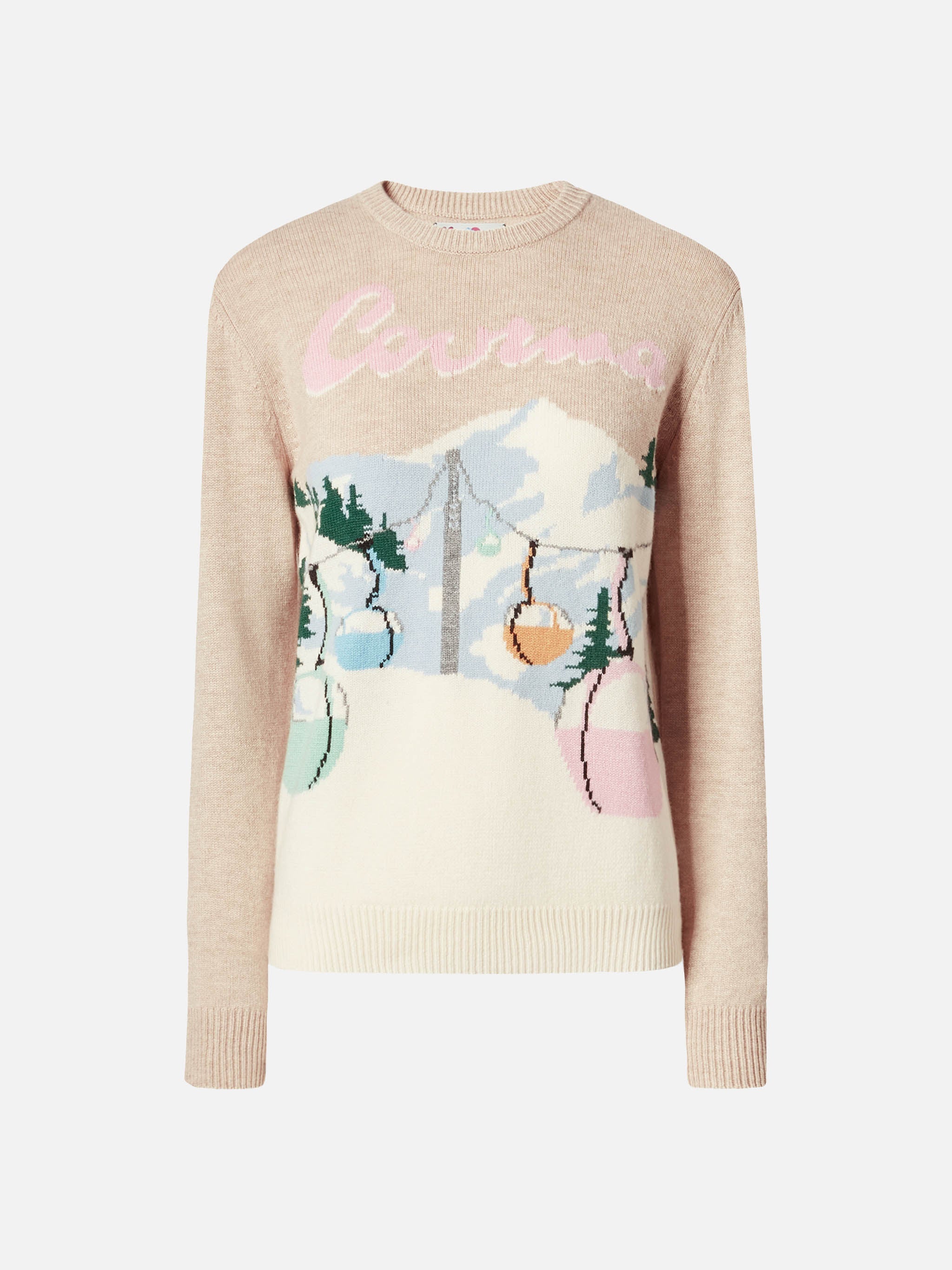 New Queen Cashmere-Blend Sweater Beige With Courma Postcard Jacquard Brown