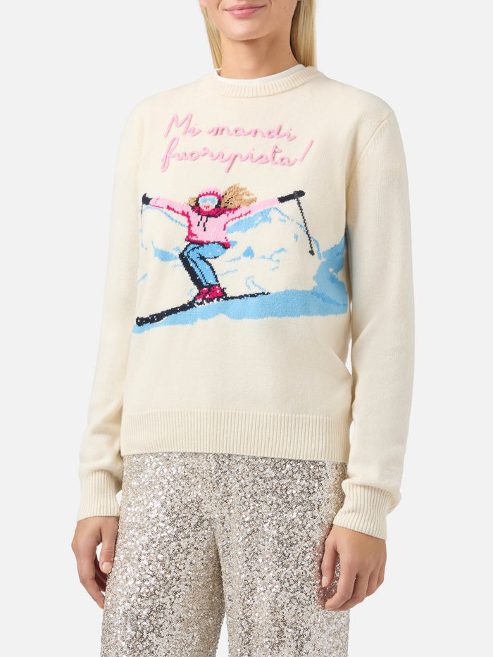 New Queen Cashmere-Blend Sweater White With Postcard Jacquard And Embroidery