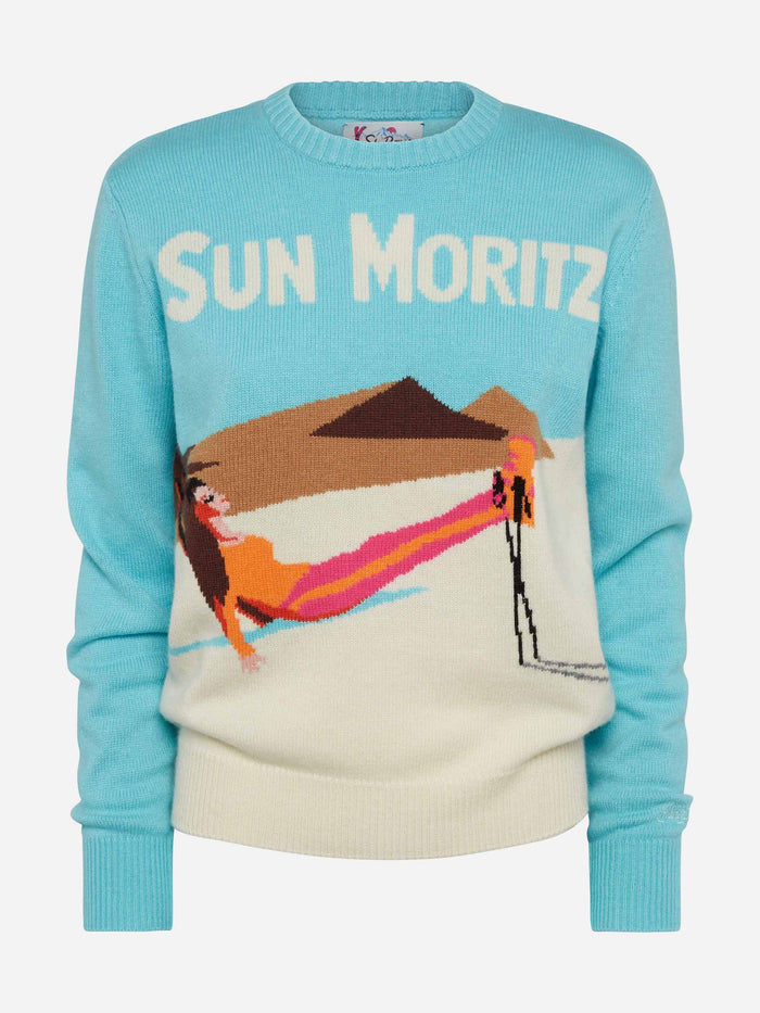 Light Blue Sweater New Queen With Sun Moritz Postcard Jacquard Green