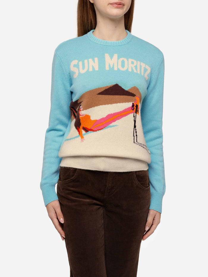 Light Blue Sweater New Queen With Sun Moritz Postcard Jacquard Green
