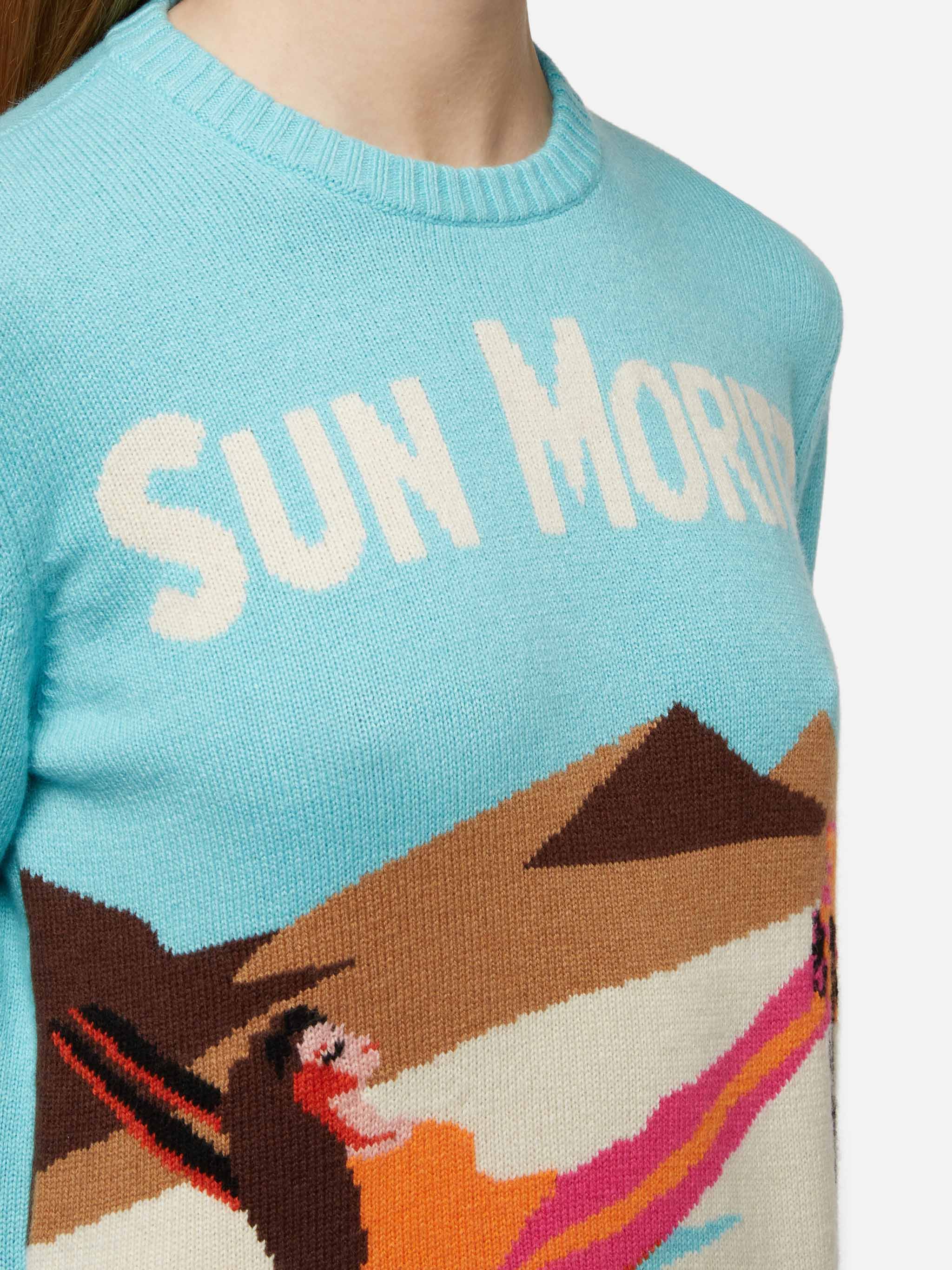 Light Blue Sweater New Queen With Sun Moritz Postcard Jacquard Green