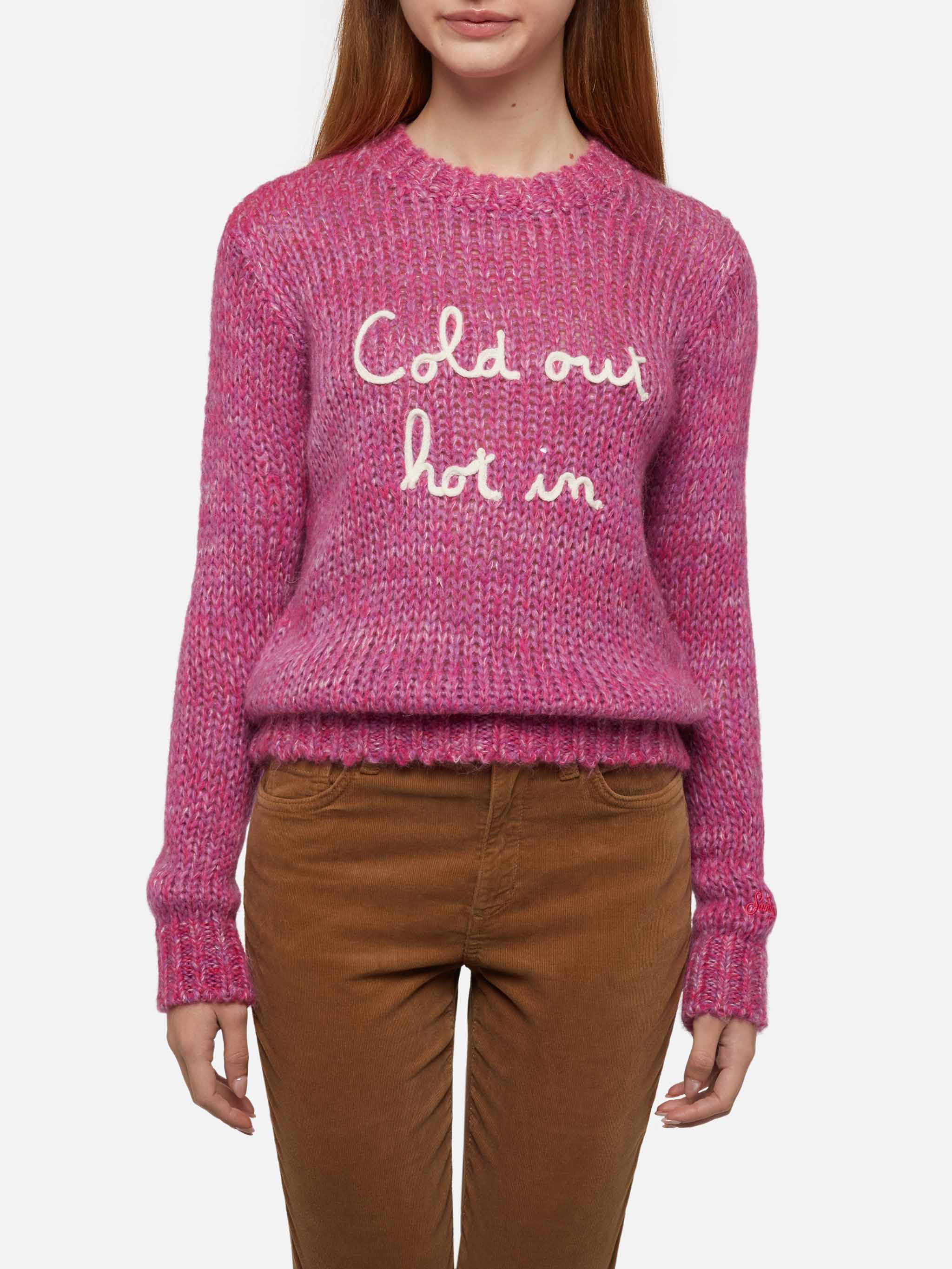 New Queen Soft Purple Alpaca Blend Sweater With Cold Out Hot Embroidery Pink