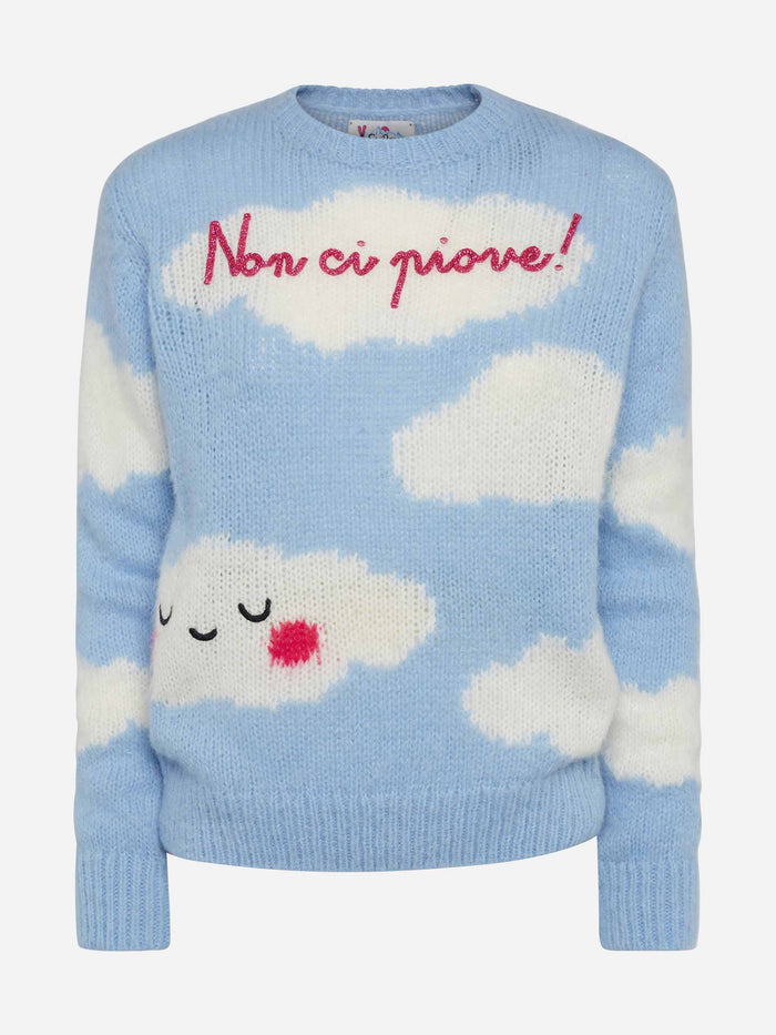 Maglia New Queen Soft Con Ricamo Non Ci Piove Azzurra Sky Knitwear