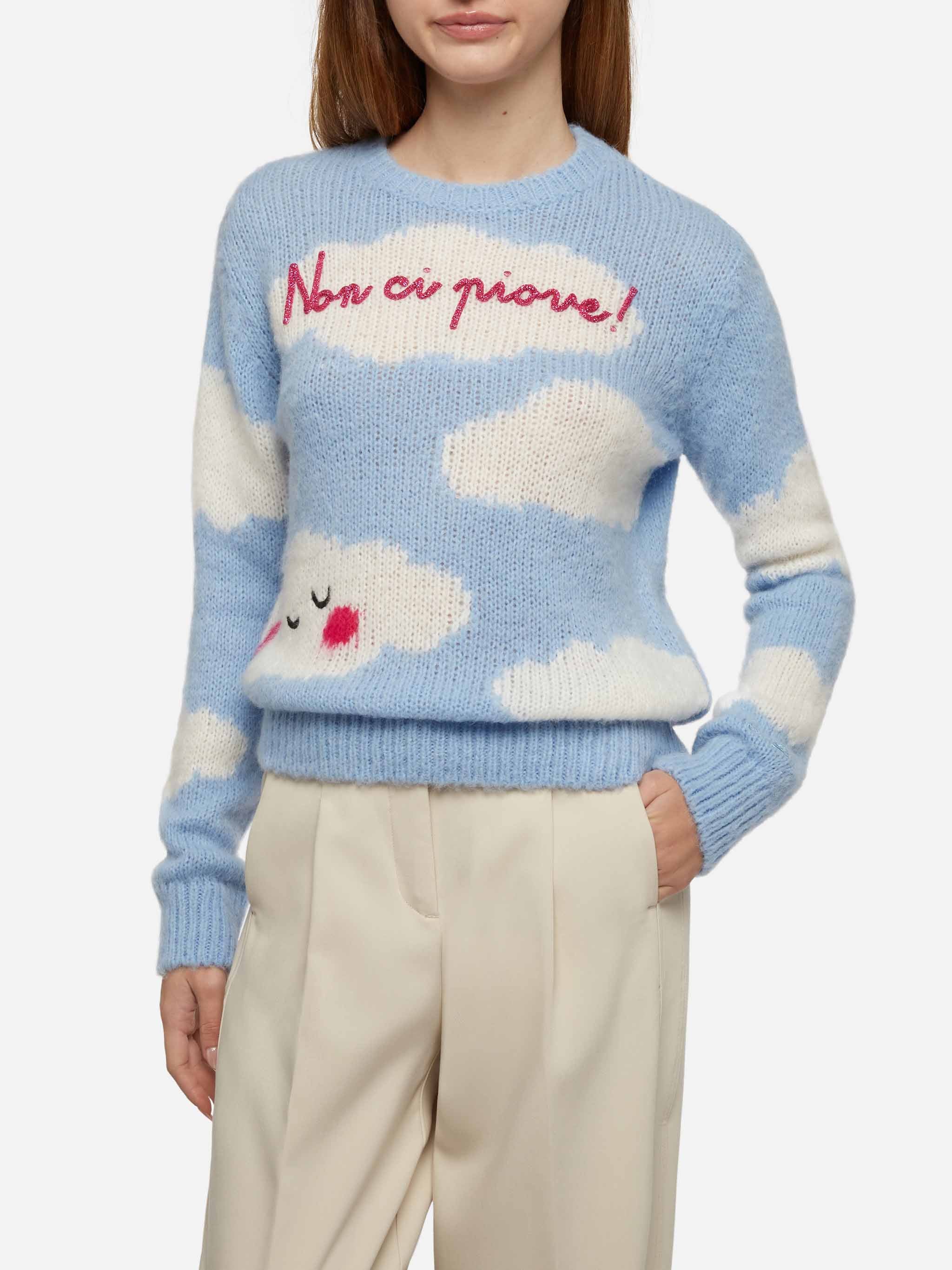 Maglia New Queen Soft Con Ricamo Non Ci Piove Azzurra Sky Knitwear