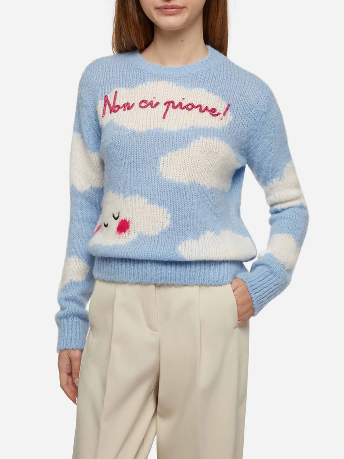 Maglia New Queen Soft Con Ricamo Non Ci Piove Azzurra Sky Knitwear