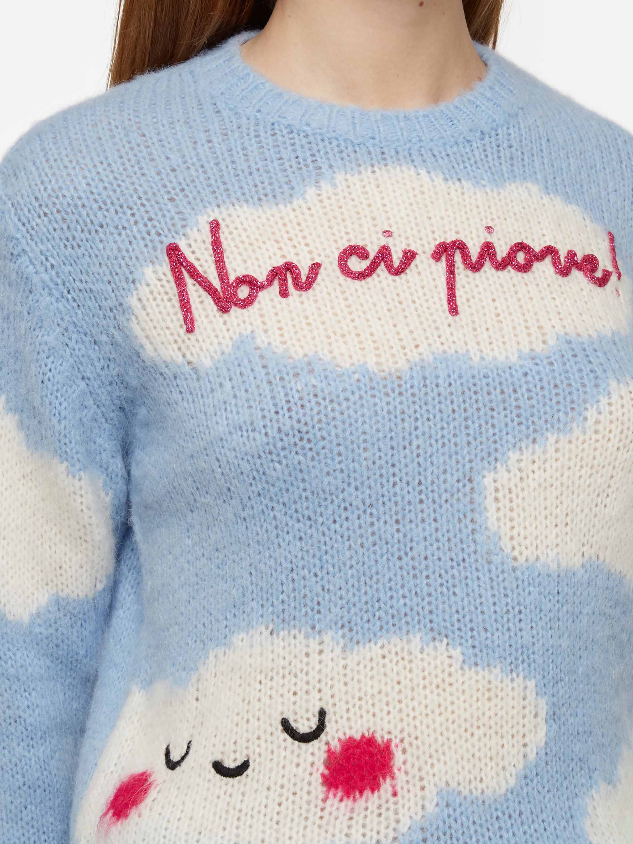 Maglia New Queen Soft Con Ricamo Non Ci Piove Azzurra Sky Knitwear