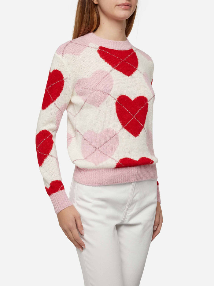 New Queen Soft Crewneck Sweater With Heart Jacquard Pink