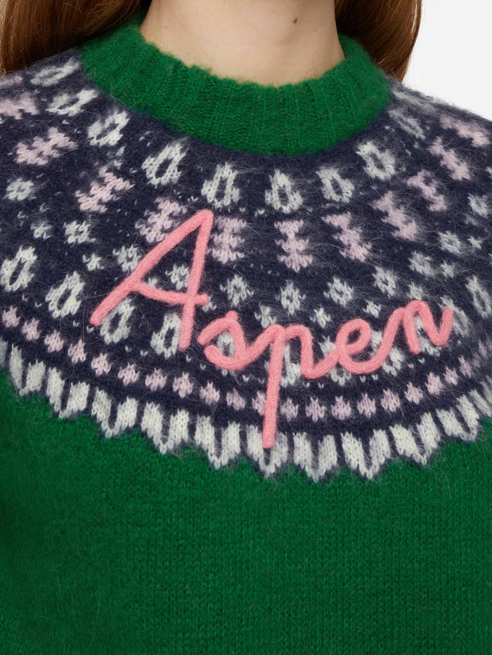 Green Sweater Queen Nordic Soft With Fair Isle Jacquard And Aspen Embroidery