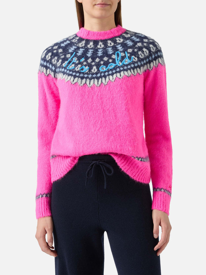 Fluo Pink Crewneck New Queen Nordic Soft With Fair Isle Jacquard And Its Cold Embroidery