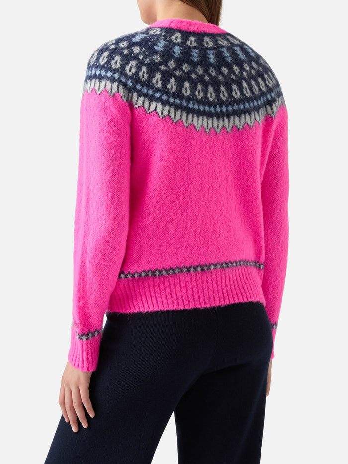 Fluo Pink Crewneck New Queen Nordic Soft With Fair Isle Jacquard And Its Cold Embroidery