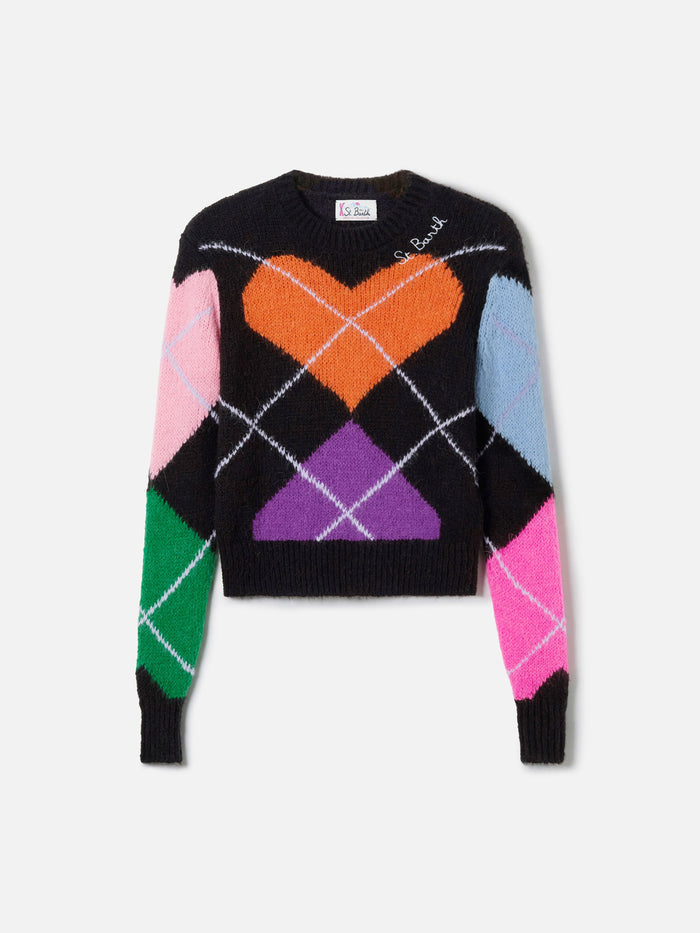 New Queen Crewneck Crop Sweater With Hearts Black