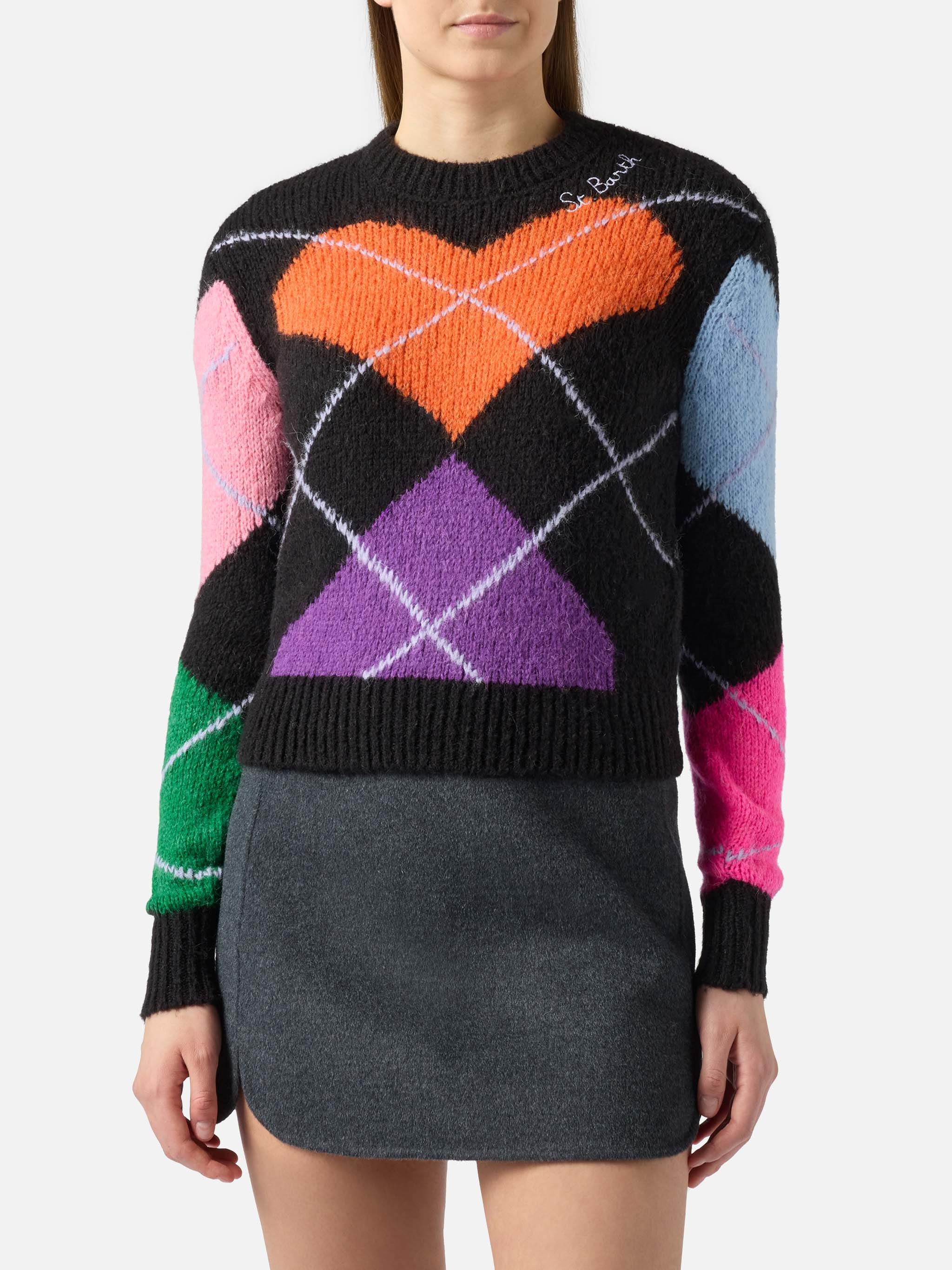 New Queen Crewneck Crop Sweater With Hearts Black