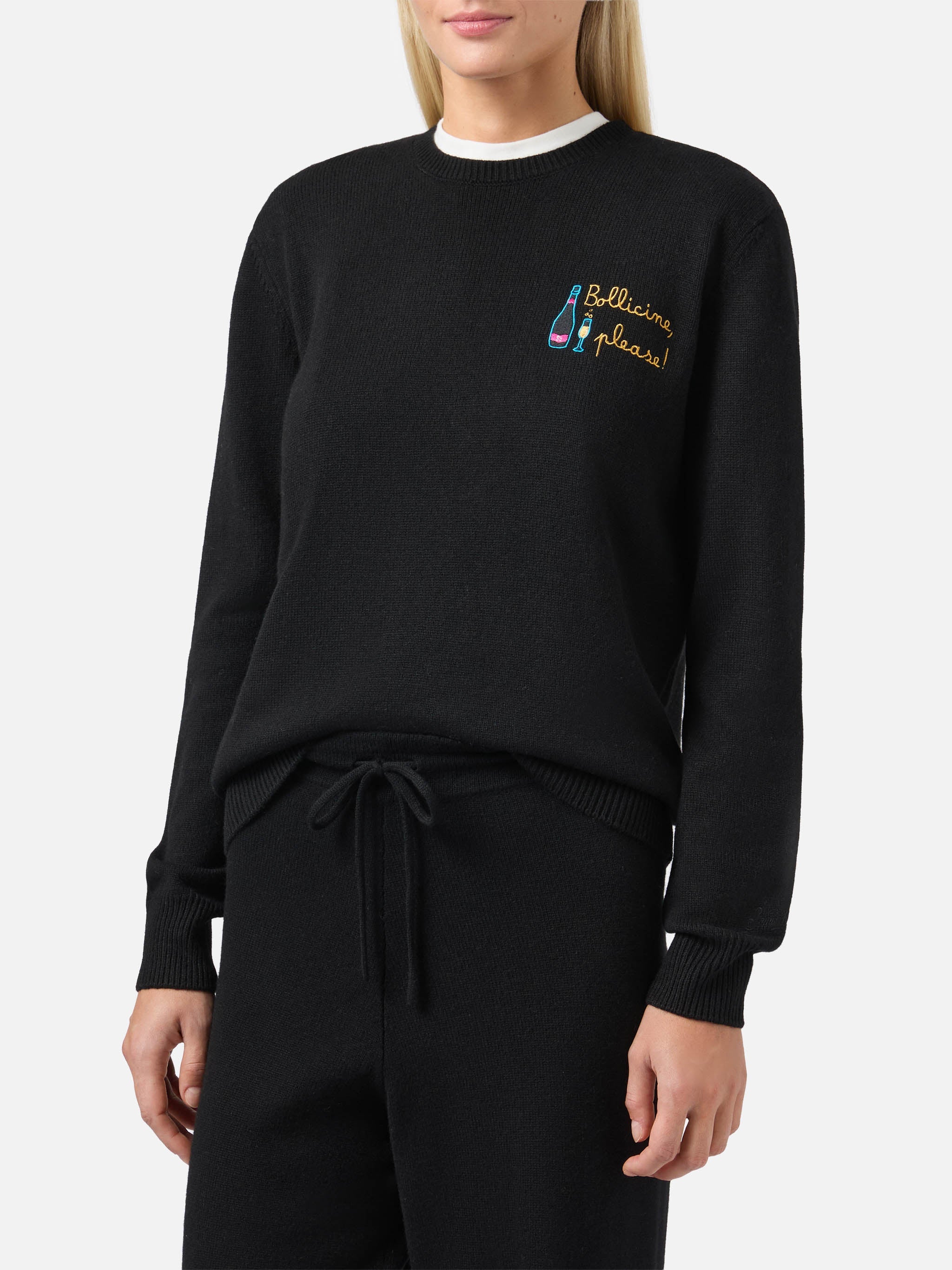 New Queen Cashmere-Blend Sweater Black With Bollicine, Please Embroidery