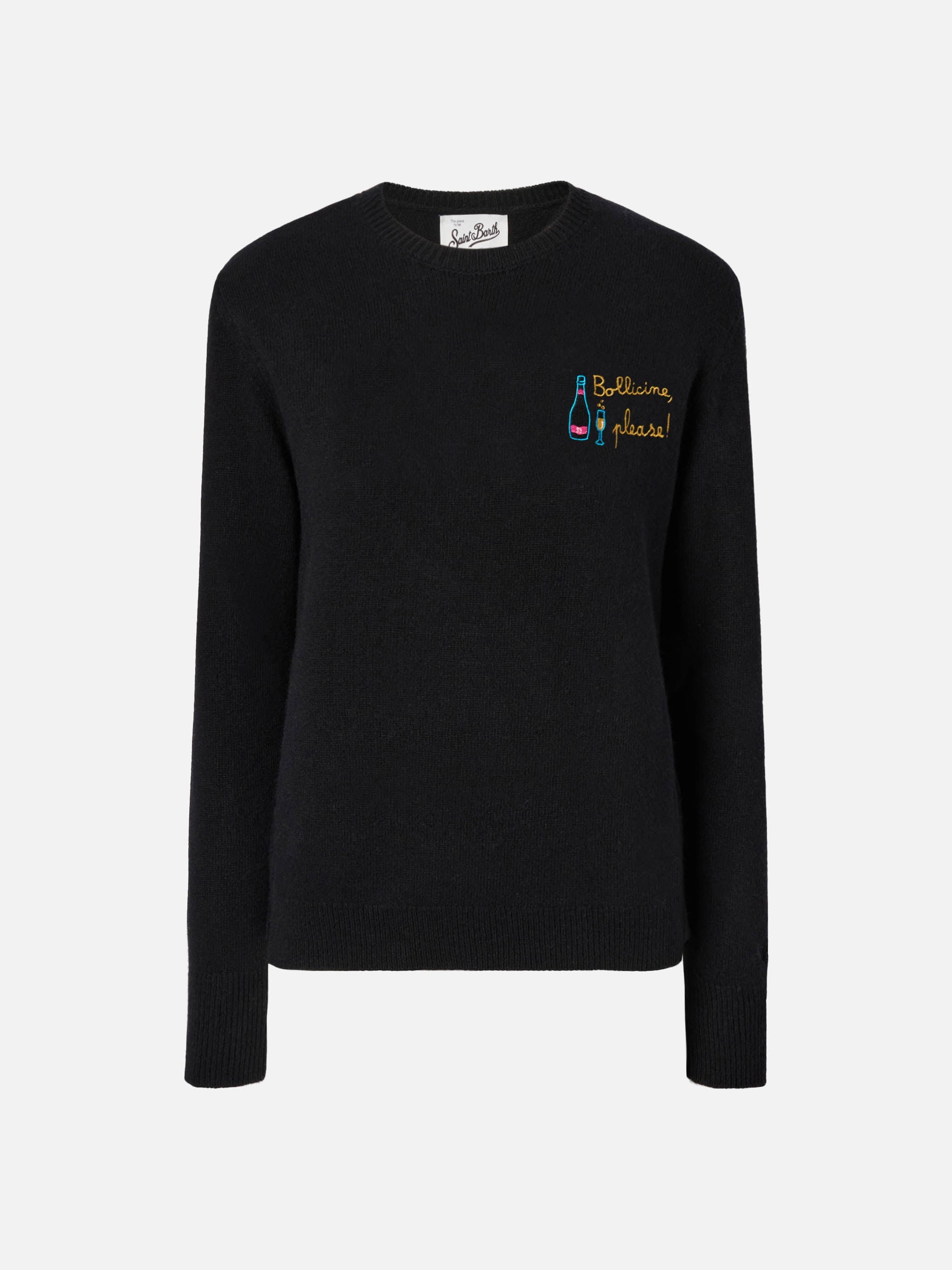 New Queen Cashmere-Blend Sweater Black With Bollicine, Please Embroidery