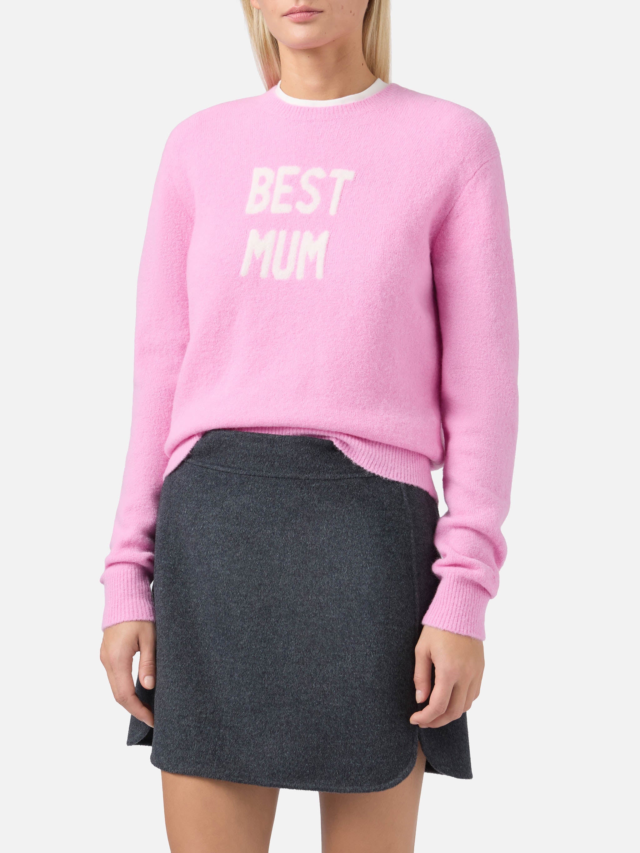 New Queen Stretch Sweater Merino-Wool And Alpaca Blend Pink With Best Mum Jacquard