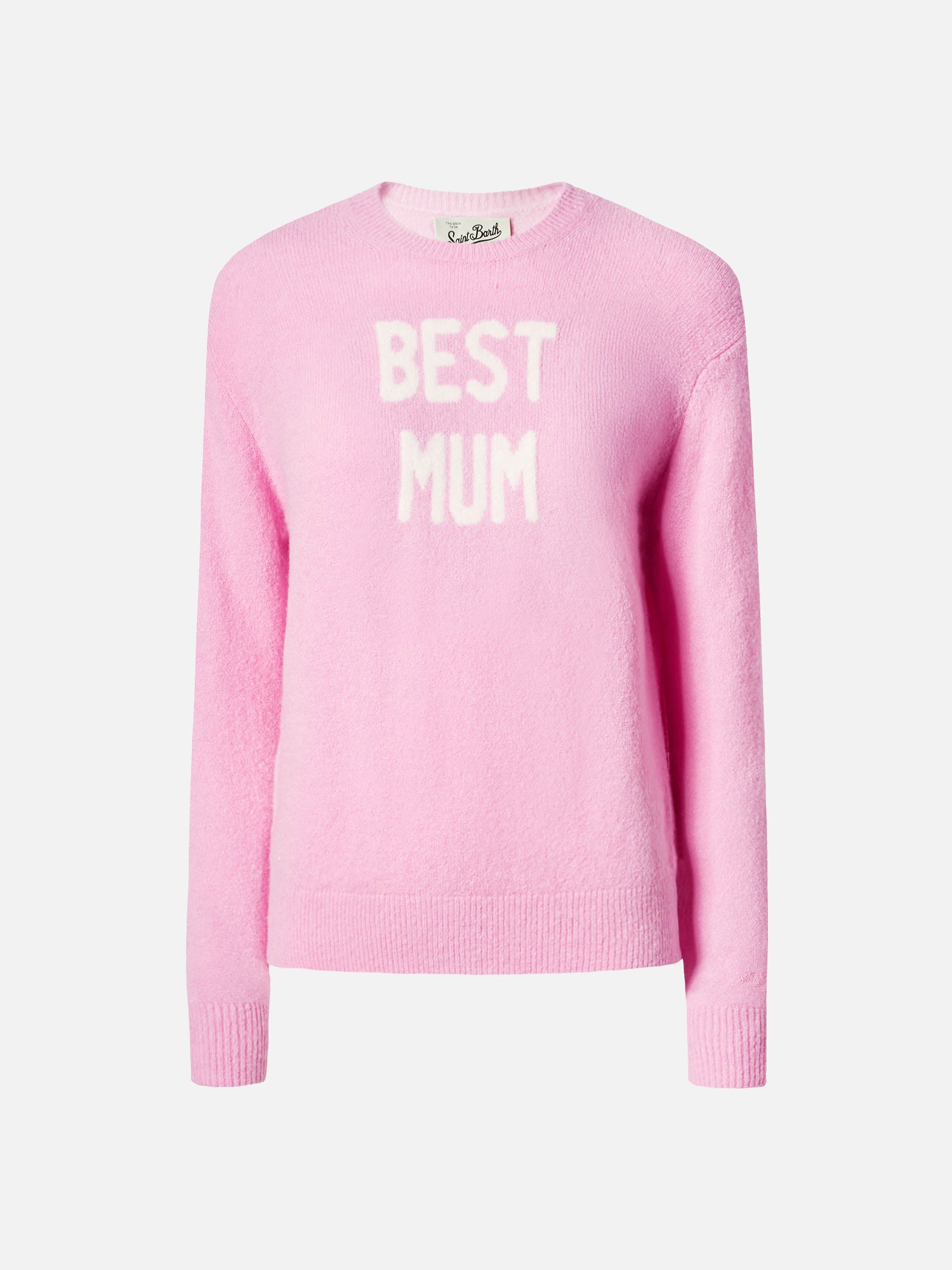 New Queen Stretch Sweater Merino-Wool And Alpaca Blend Pink With Best Mum Jacquard