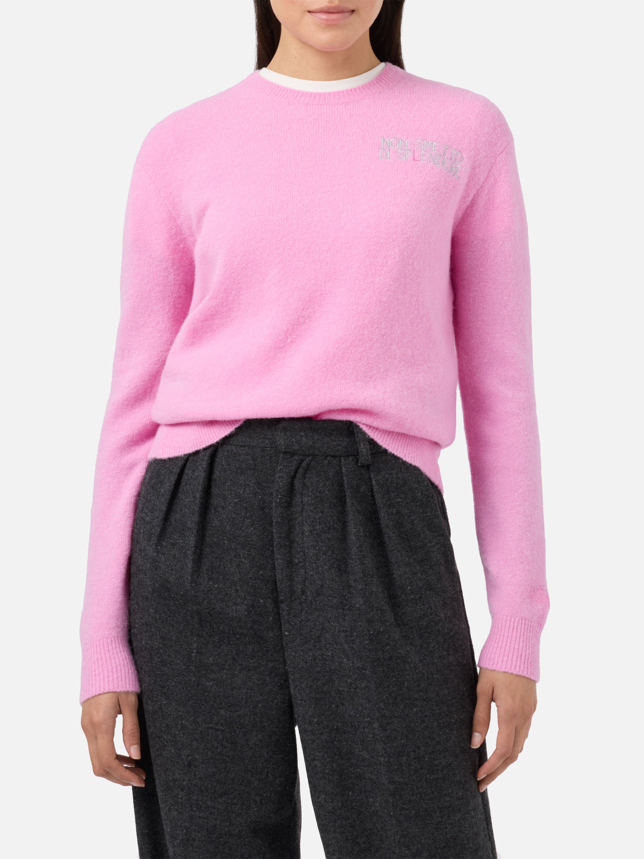 New Queen Stretch Sweater Merino-Wool And Alpaca Blend Pink With Non Smetto Di Sp(l)endere Embroidery