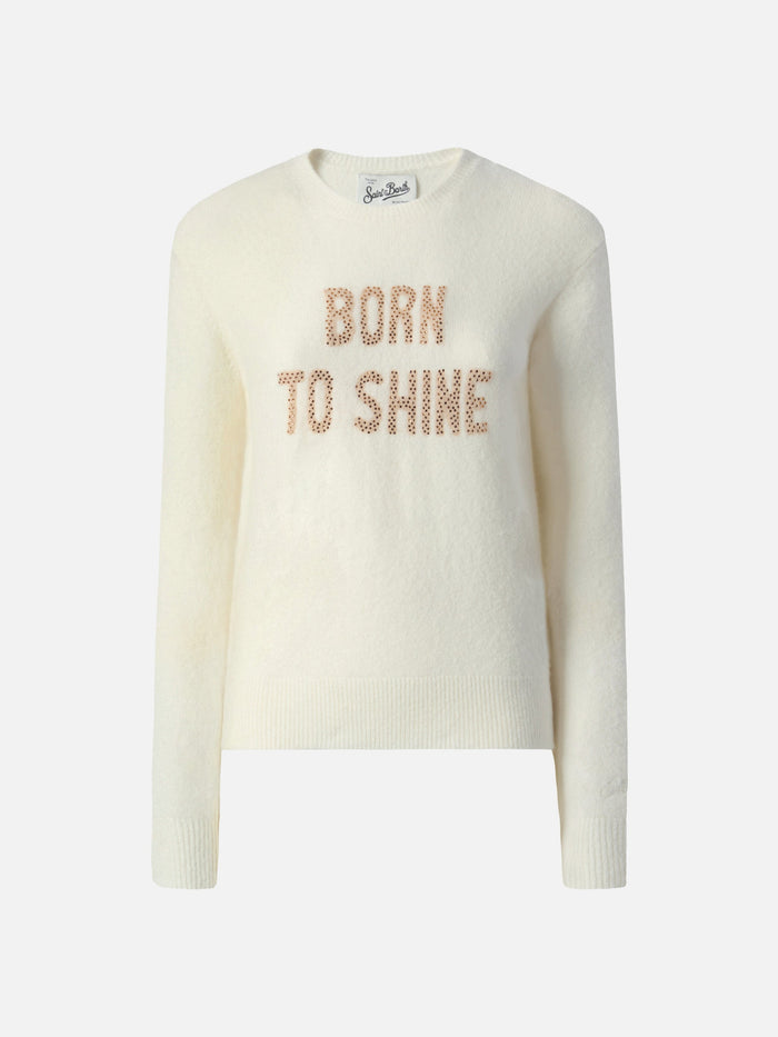 New Queen Stretch Sweater Merino-Wool And Alpaca Blend White With Born To Shine Rhinestone Appliqué