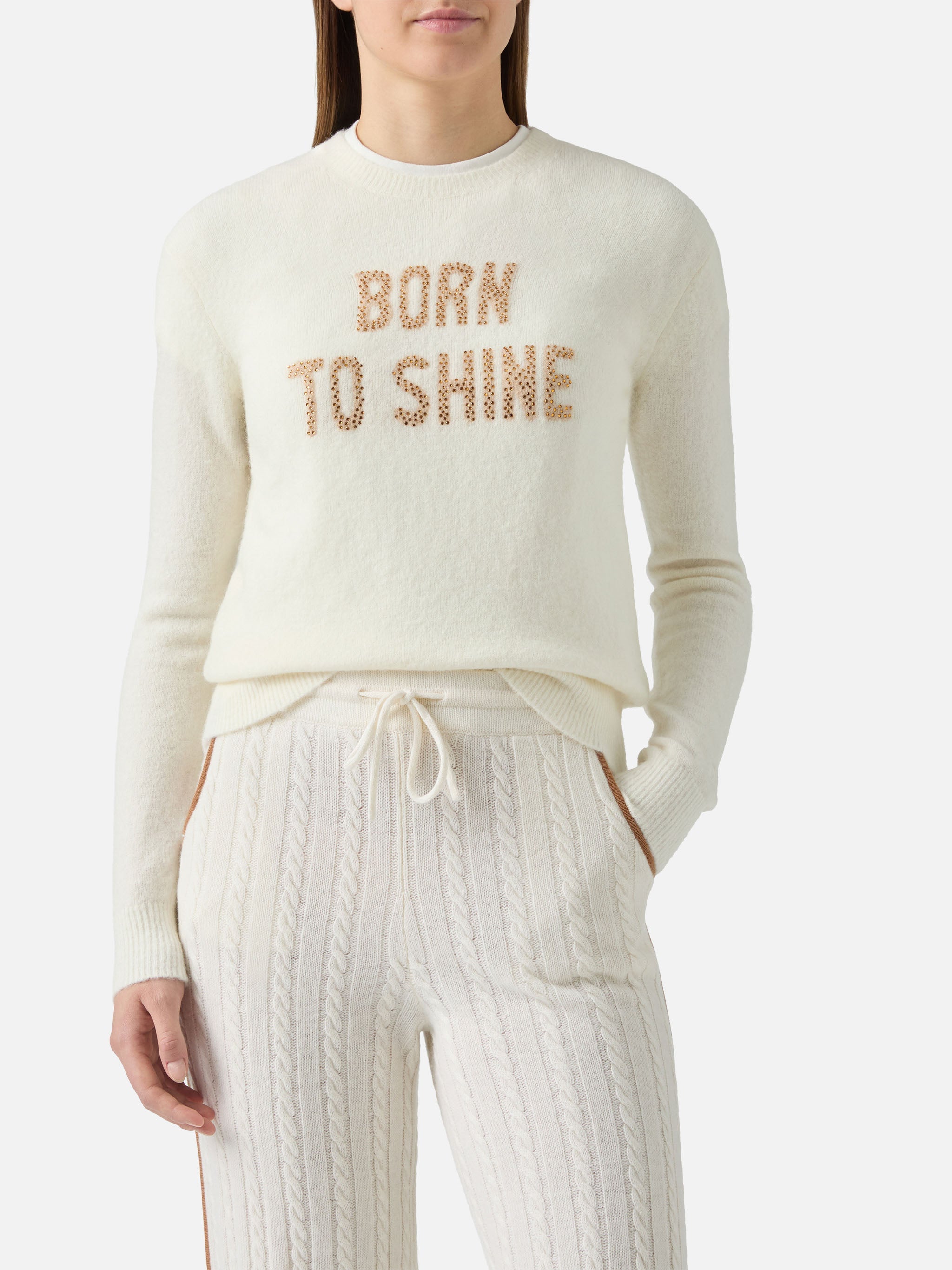 New Queen Stretch Sweater Merino-Wool And Alpaca Blend White With Born To Shine Rhinestone Appliqué