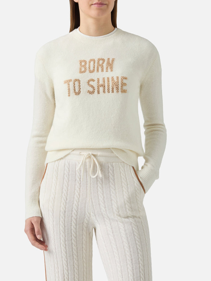 New Queen Stretch Sweater Merino-Wool And Alpaca Blend White With Born To Shine Rhinestone Appliqué