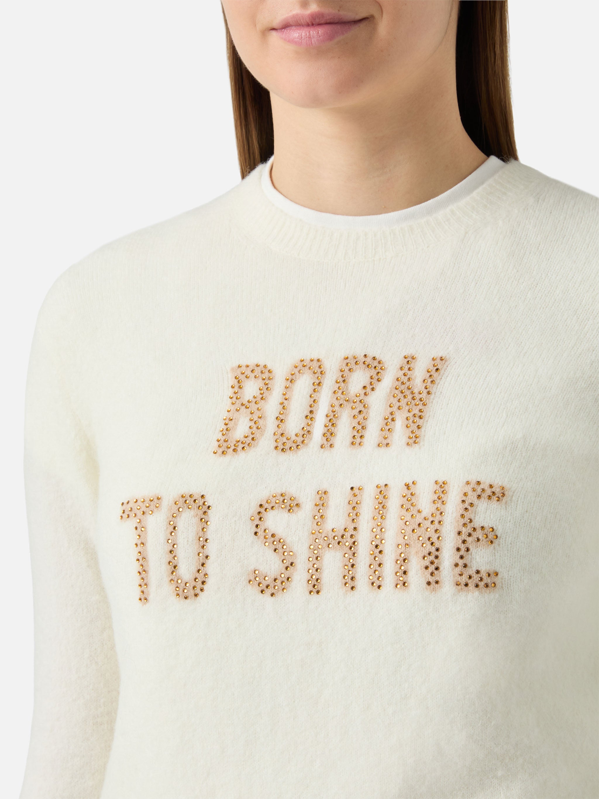New Queen Stretch Sweater Merino-Wool And Alpaca Blend White With Born To Shine Rhinestone Appliqué