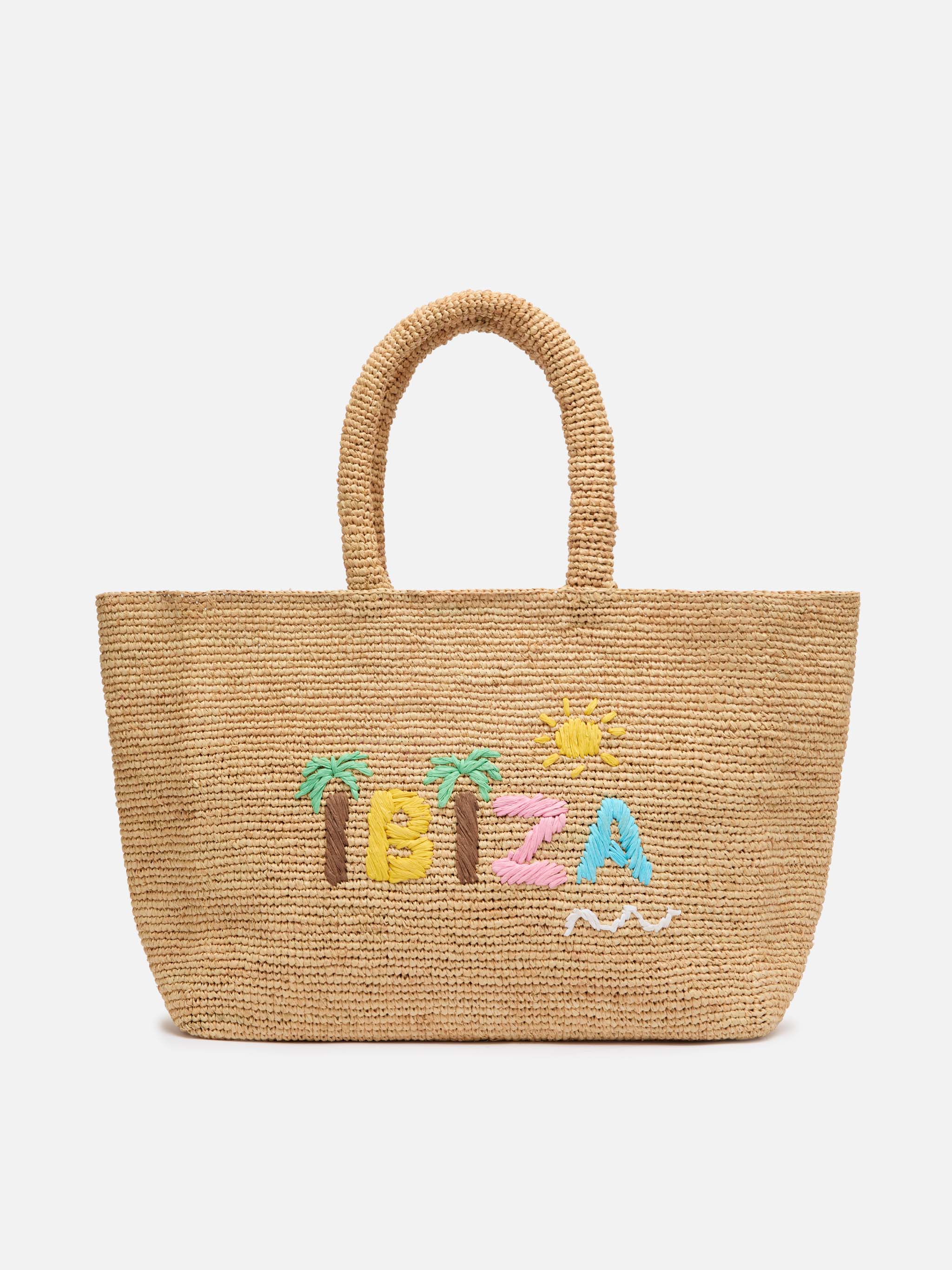 Beige Raffia Beach Bag With Cotton Pouch And Ibiza Embroidery __single__