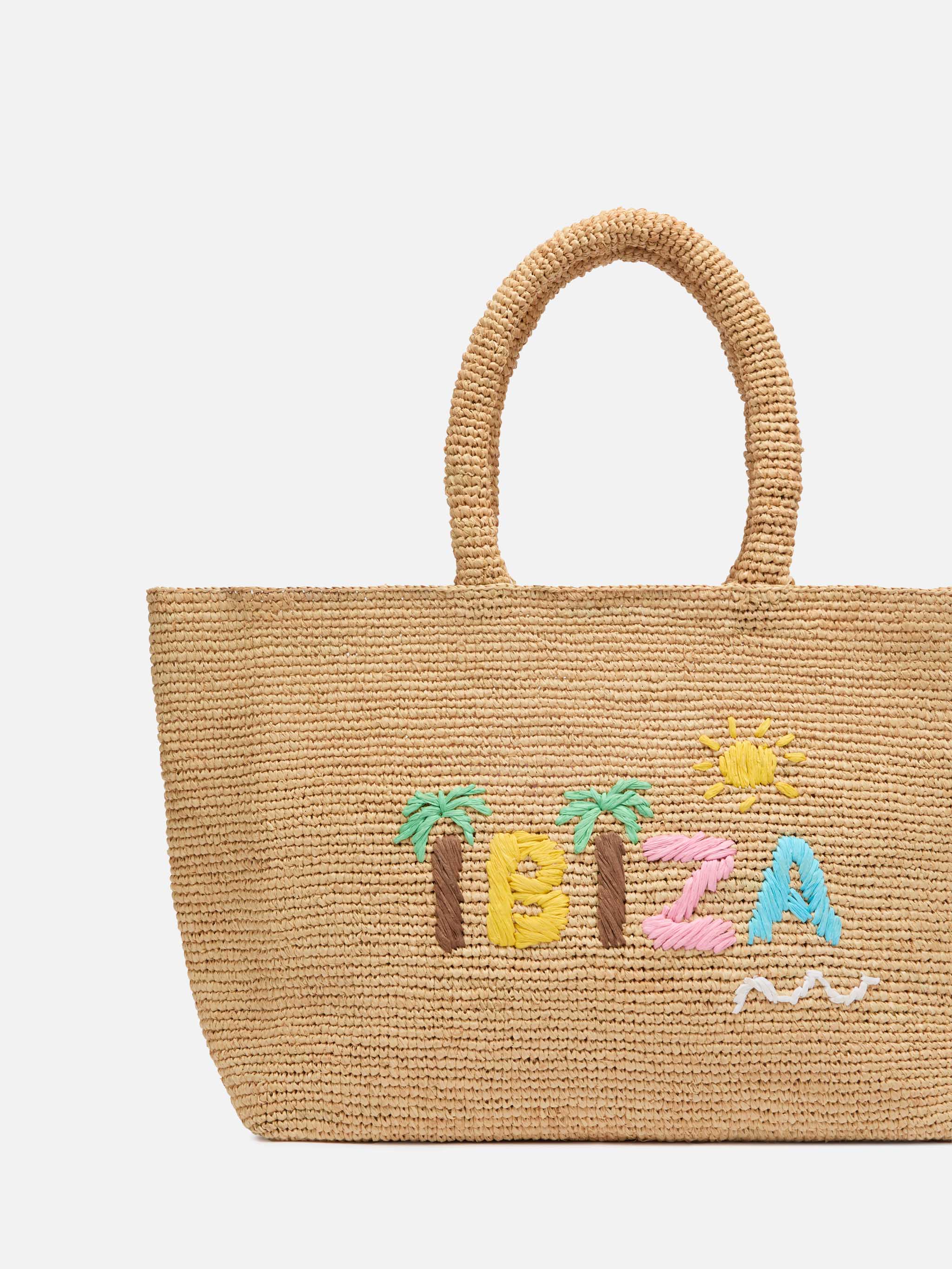 Beige Raffia Beach Bag With Cotton Pouch And Ibiza Embroidery __single__