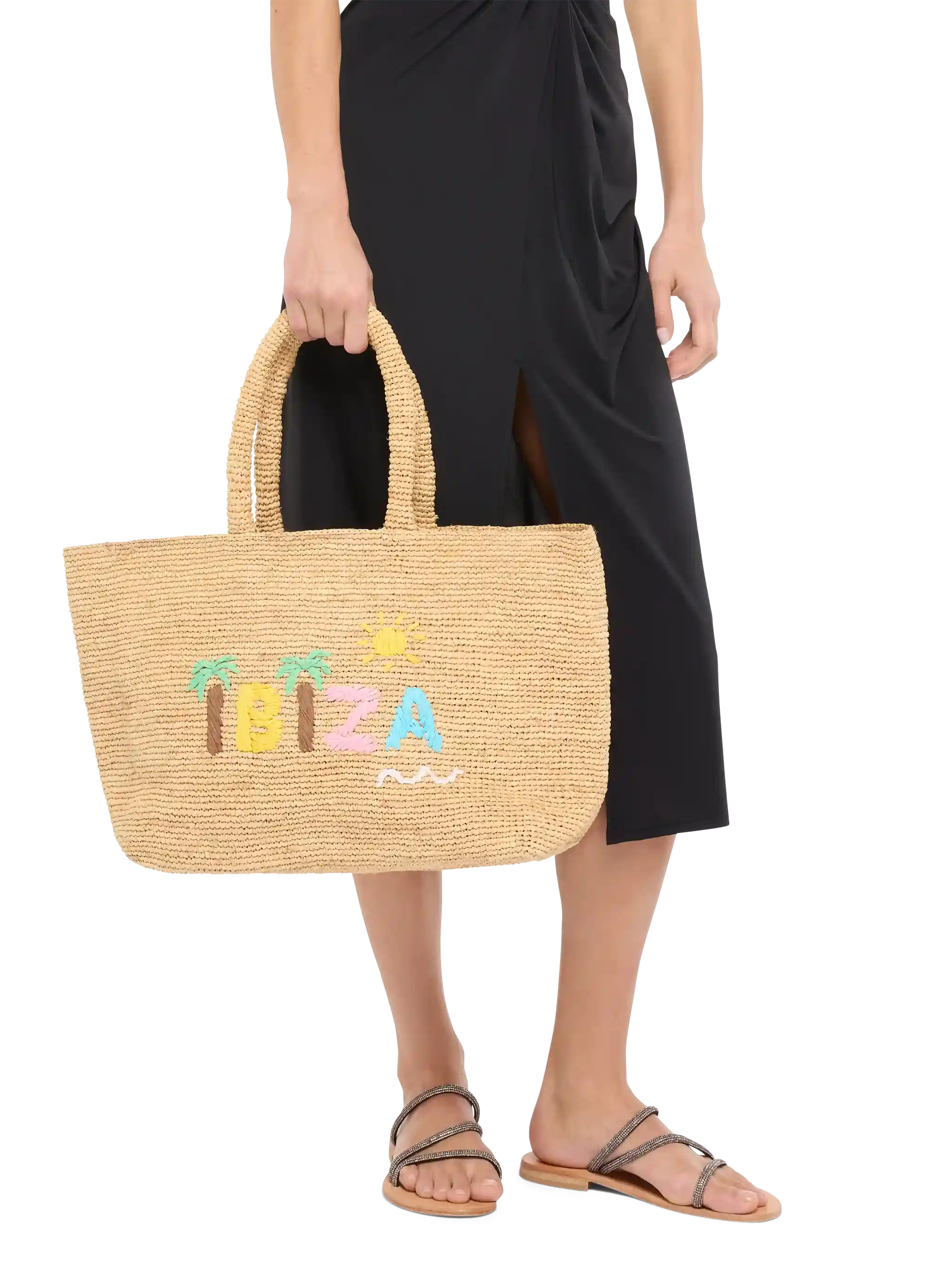 Beige Raffia Beach Bag With Cotton Pouch And Ibiza Embroidery __single__