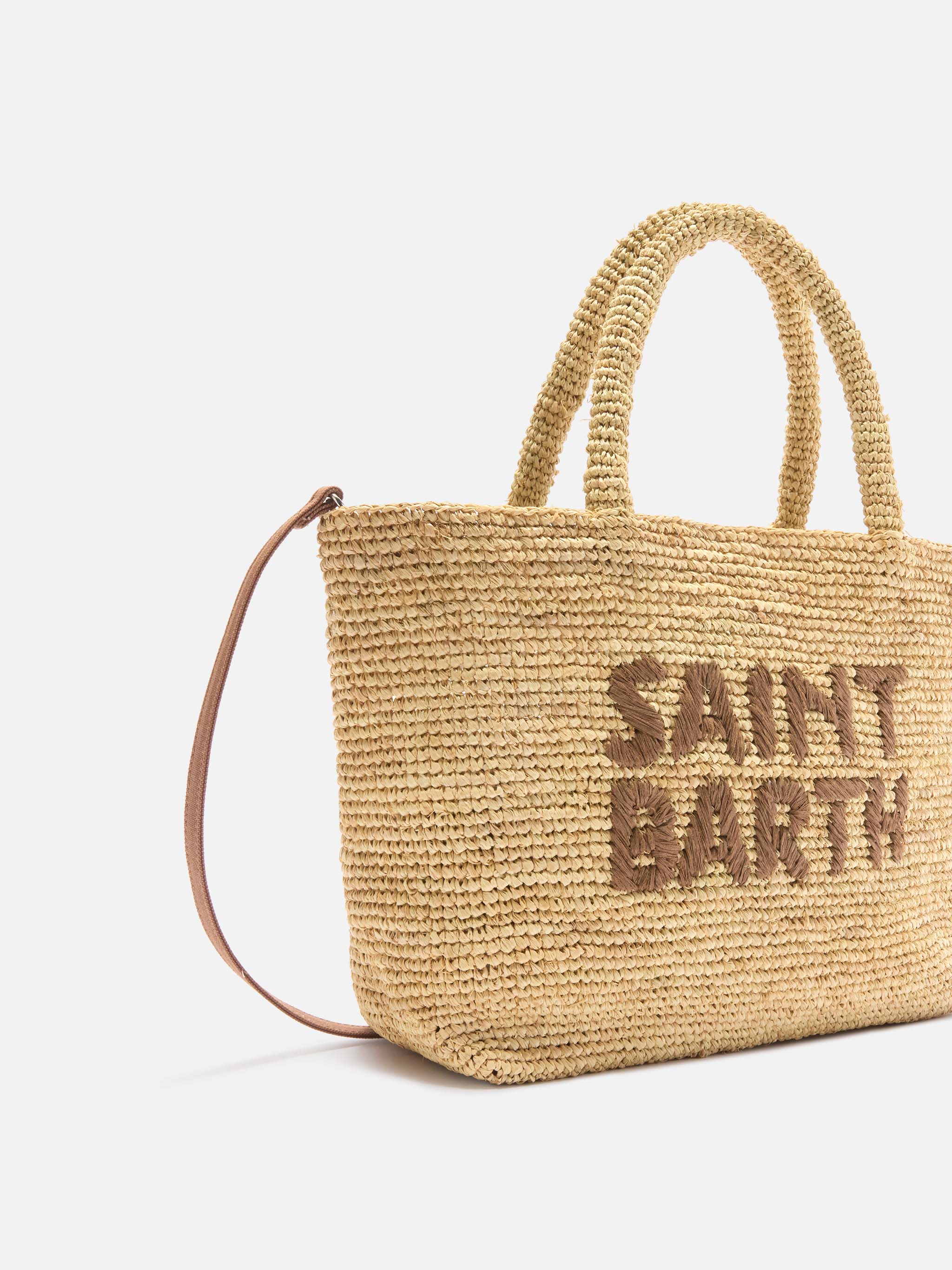 Beach Medium Raffia Bag With Contrasting Embroidered Logo Brown