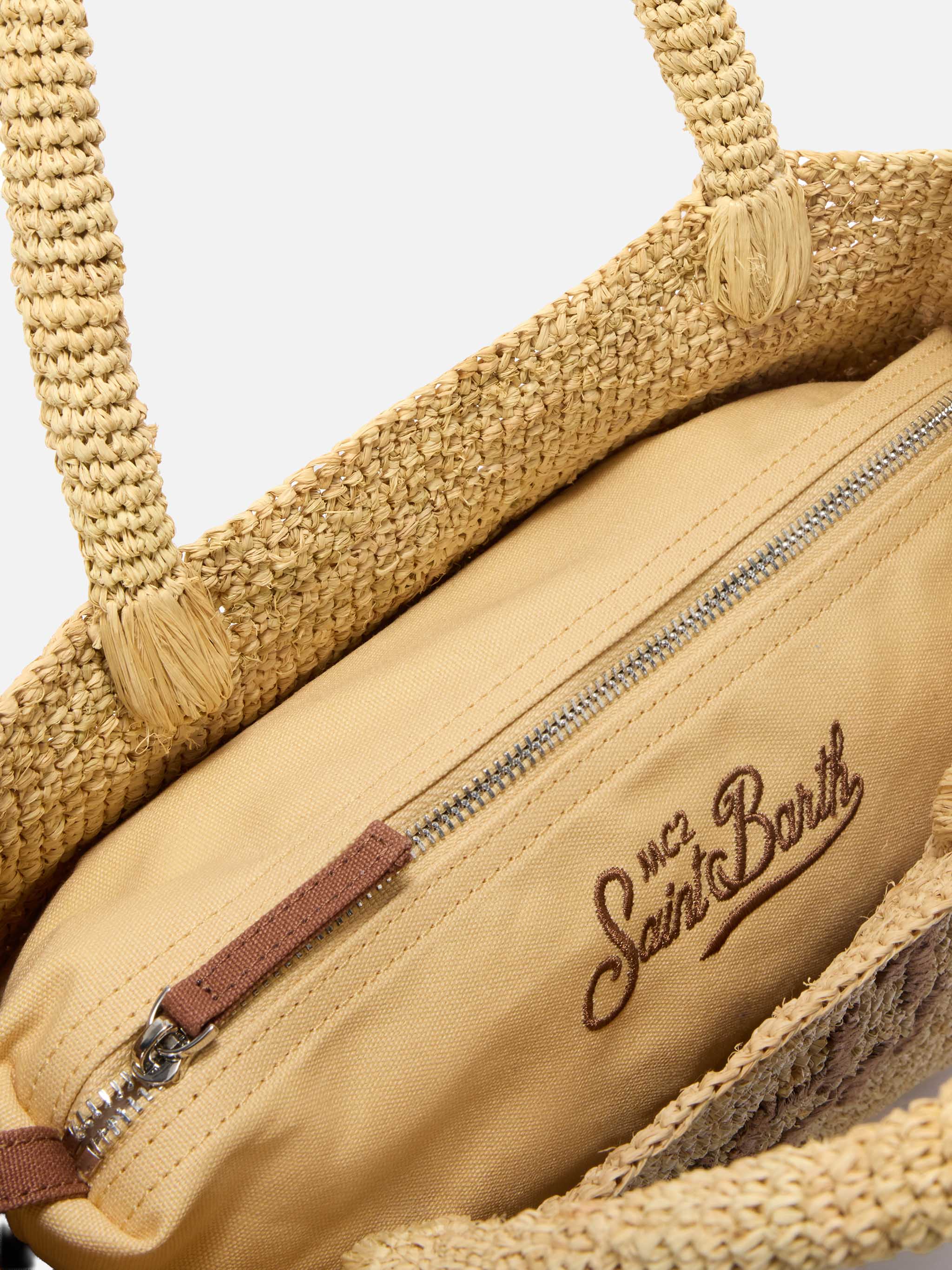 Beach Medium Raffia Bag With Contrasting Embroidered Logo Brown
