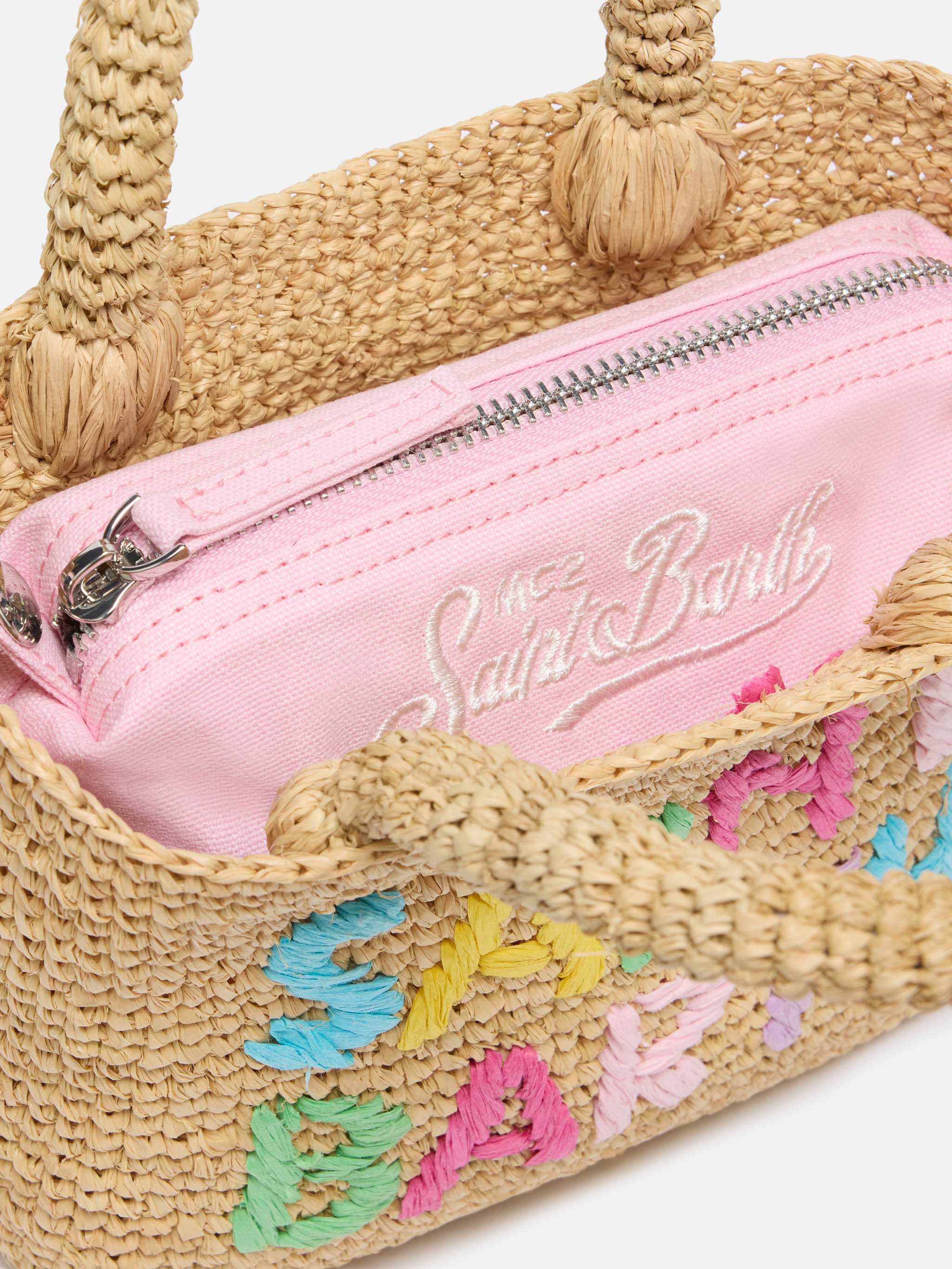 Beach Mini Raffia Bag With Multicolor Embroidered Logo Brown