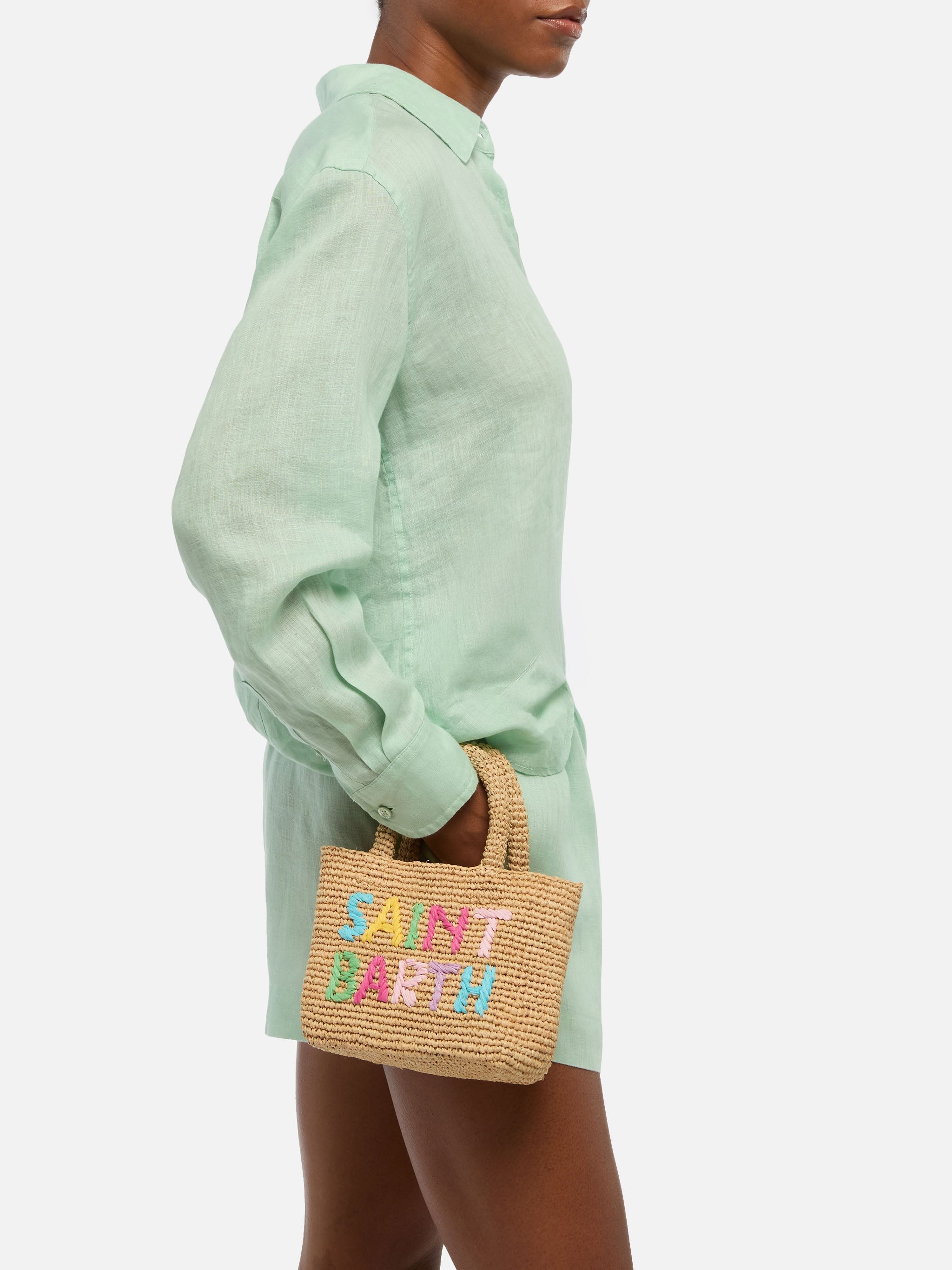 Beach Mini Raffia Bag With Multicolor Embroidered Logo Brown