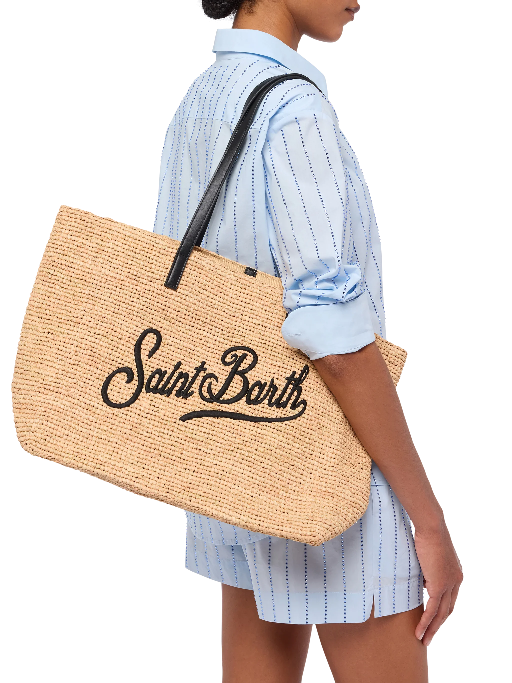Beige Raffia City Bag With Saint Barth Embroidered Logo