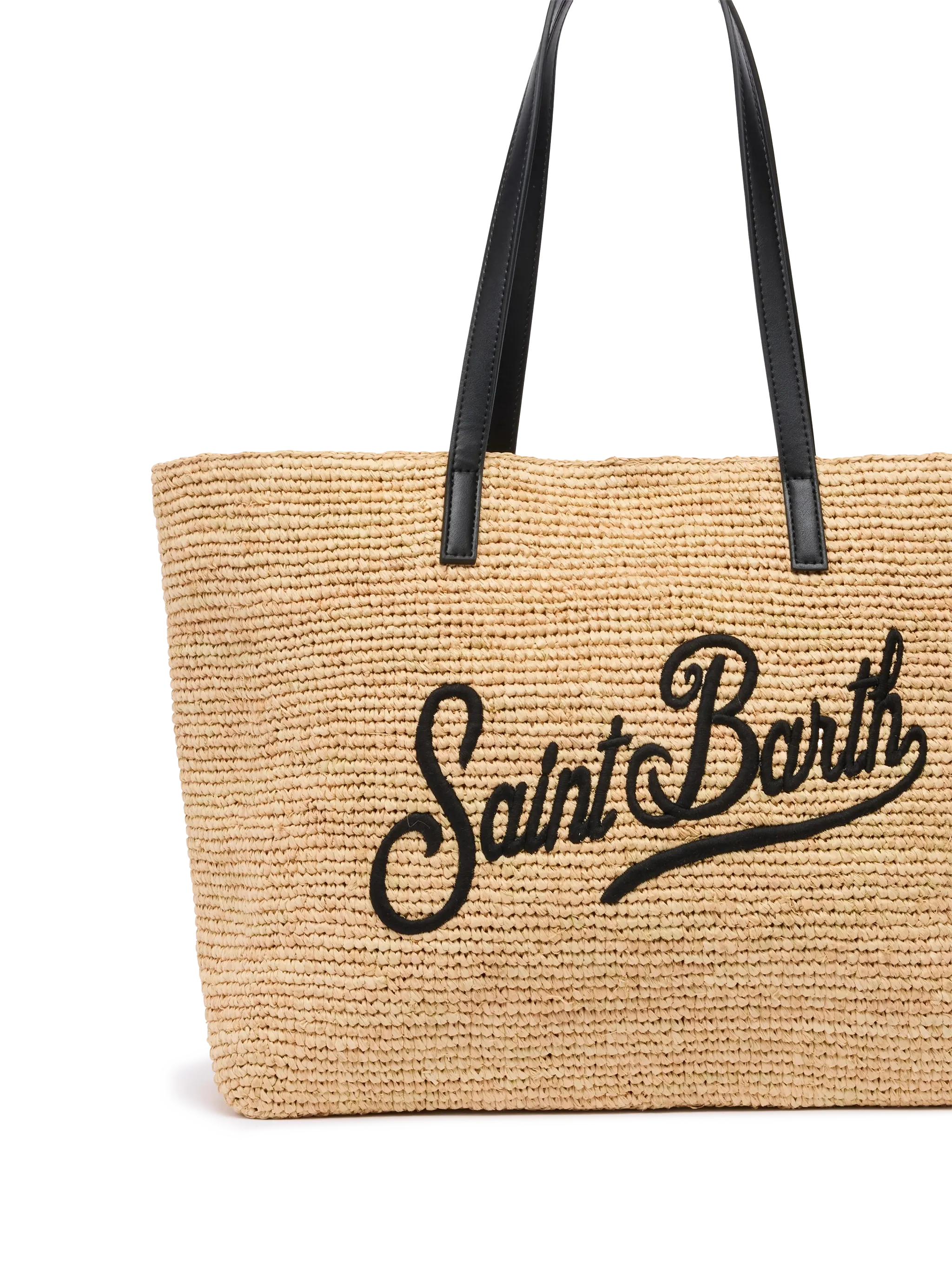 Beige Raffia City Bag With Saint Barth Embroidered Logo