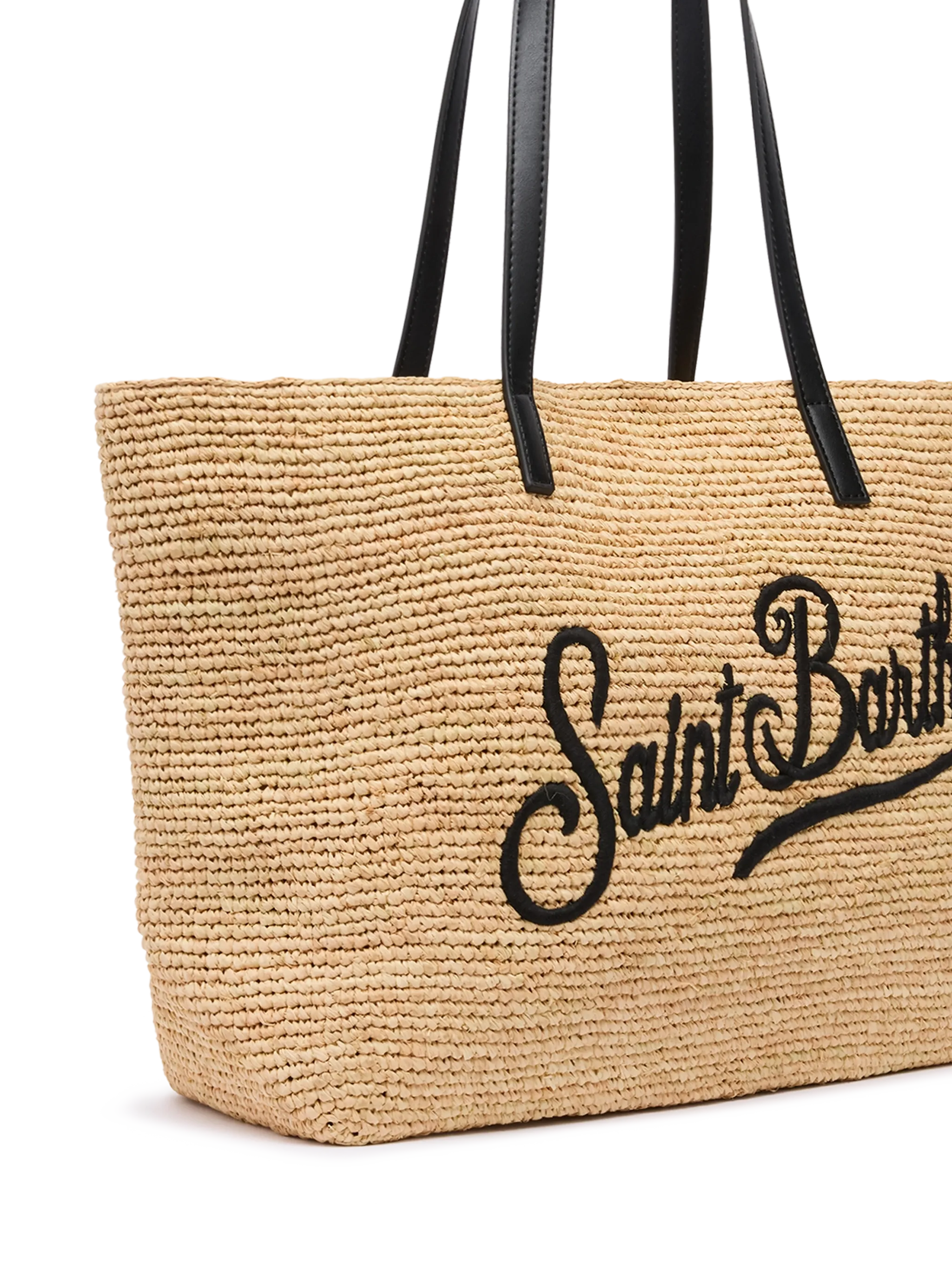 Beige Raffia City Bag With Saint Barth Embroidered Logo