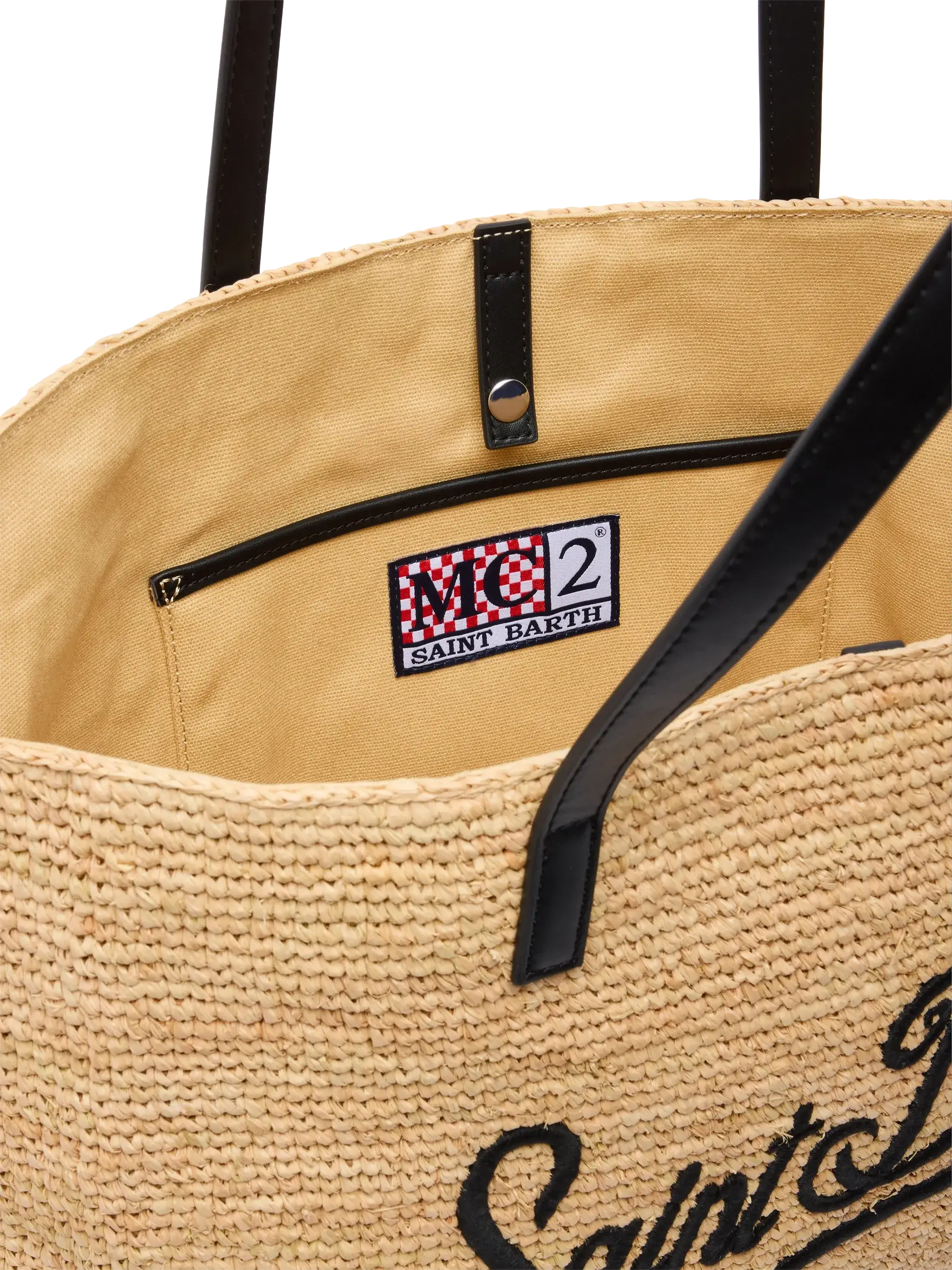 Beige Raffia City Bag With Saint Barth Embroidered Logo