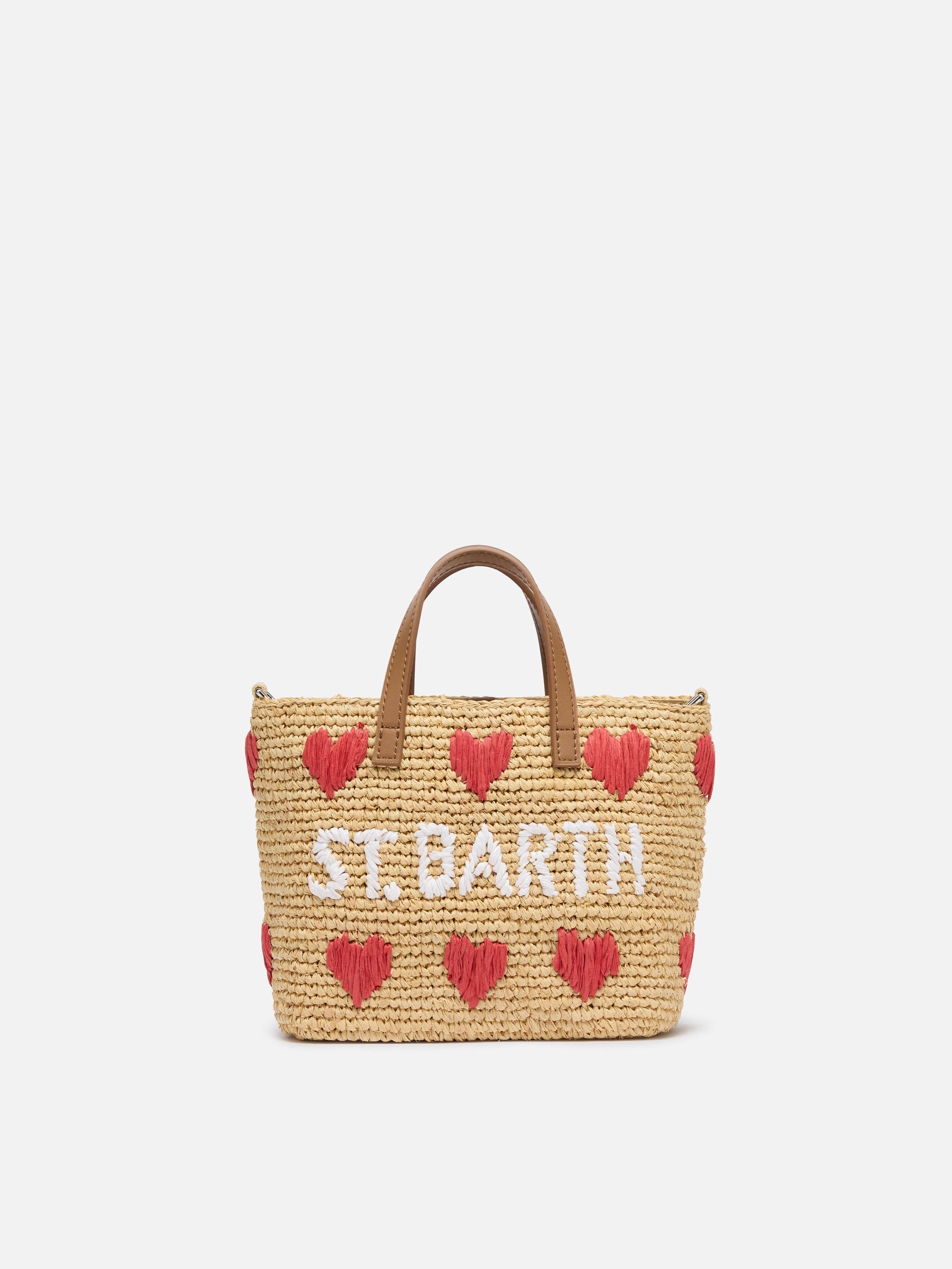 Beige Raffia City Mini Bag With Hearts Embroidery Red