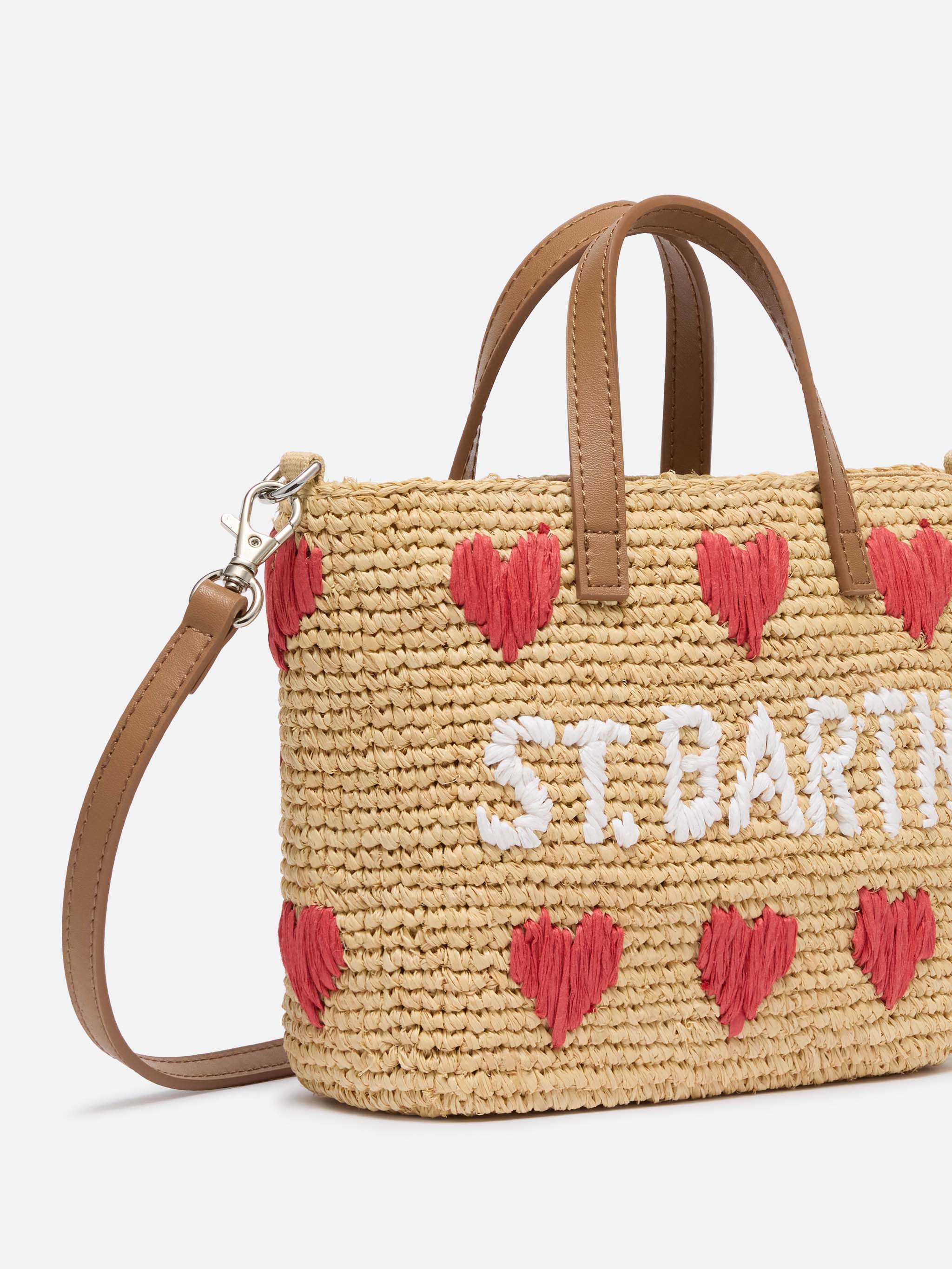 Beige Raffia City Mini Bag With Hearts Embroidery Red