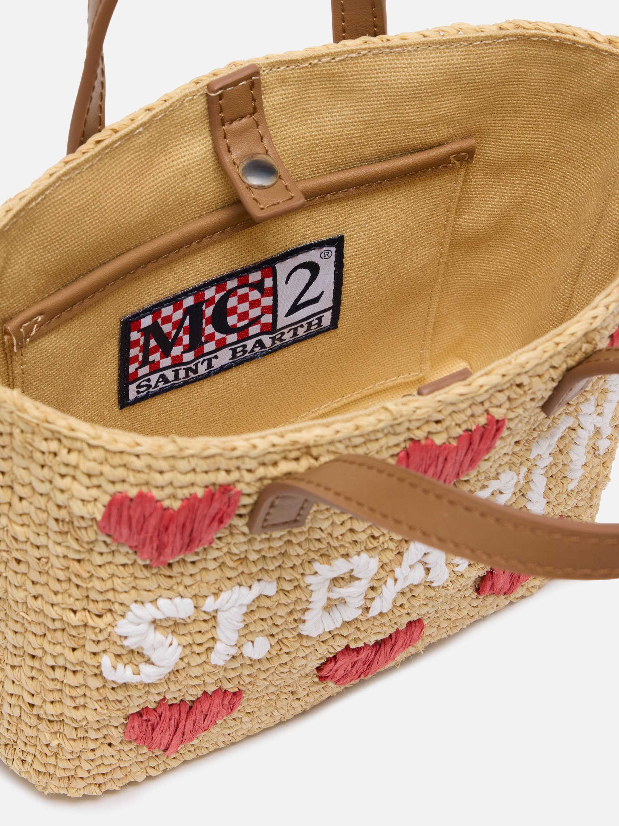 Beige Raffia City Mini Bag With Hearts Embroidery Red