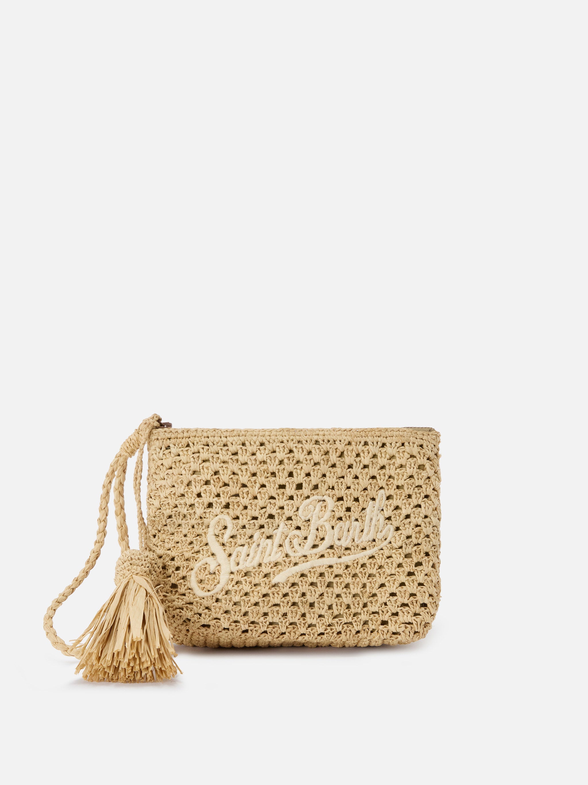 Natural Raffia Pouch With Embroidered Logo Beige Pochette